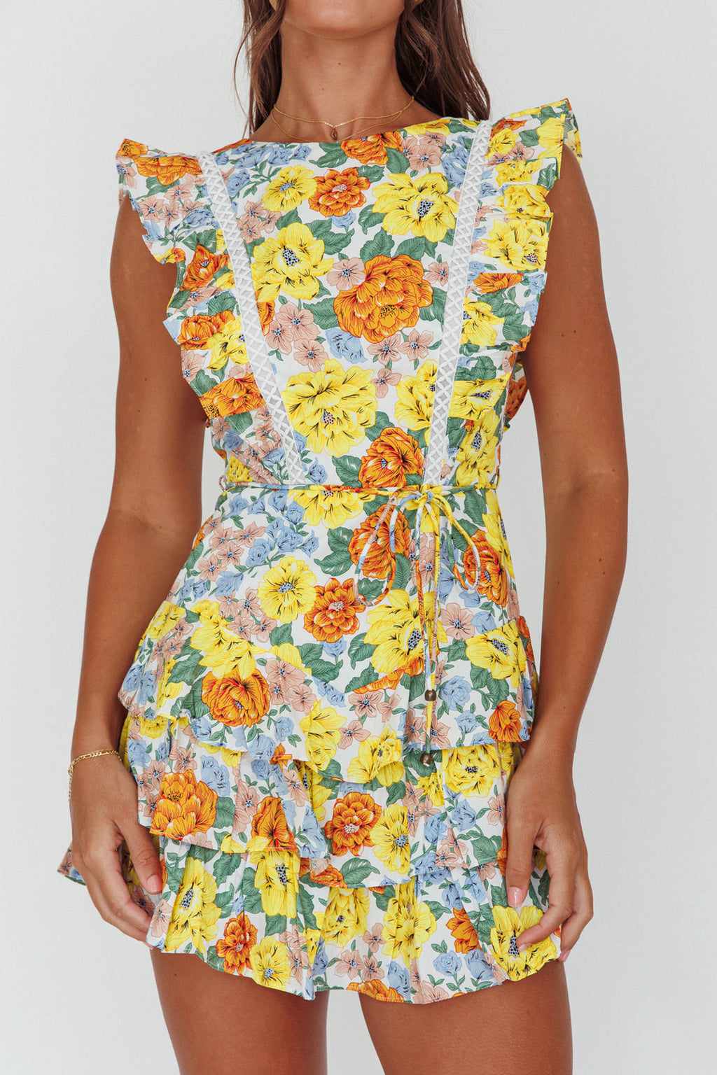 Weekend Muse Sleeveless Layered Frill Romper Yellow Floral by Selfie Leslie