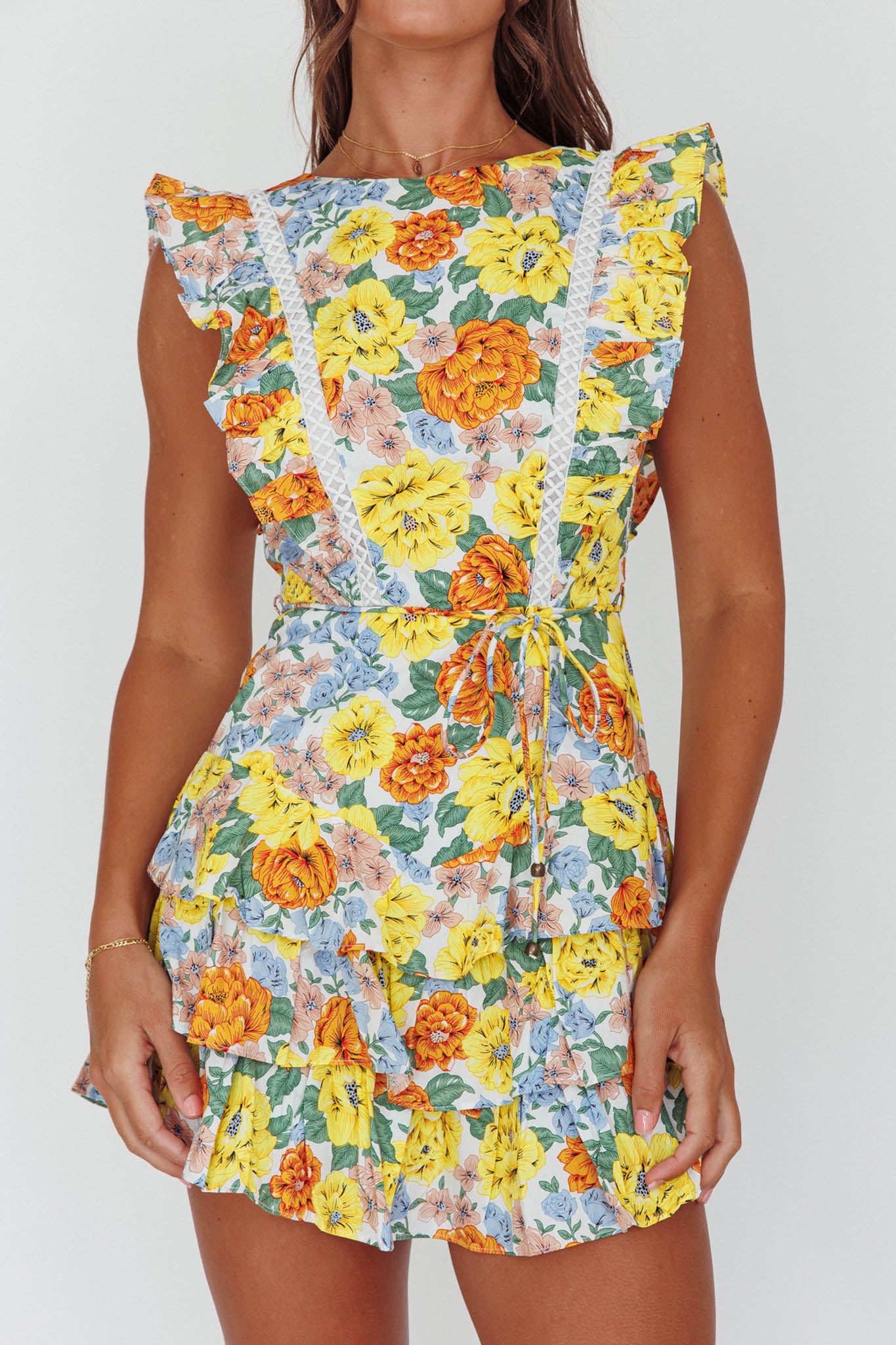 Weekend Muse Sleeveless Layered Frill Romper Yellow Floral by Selfie Leslie