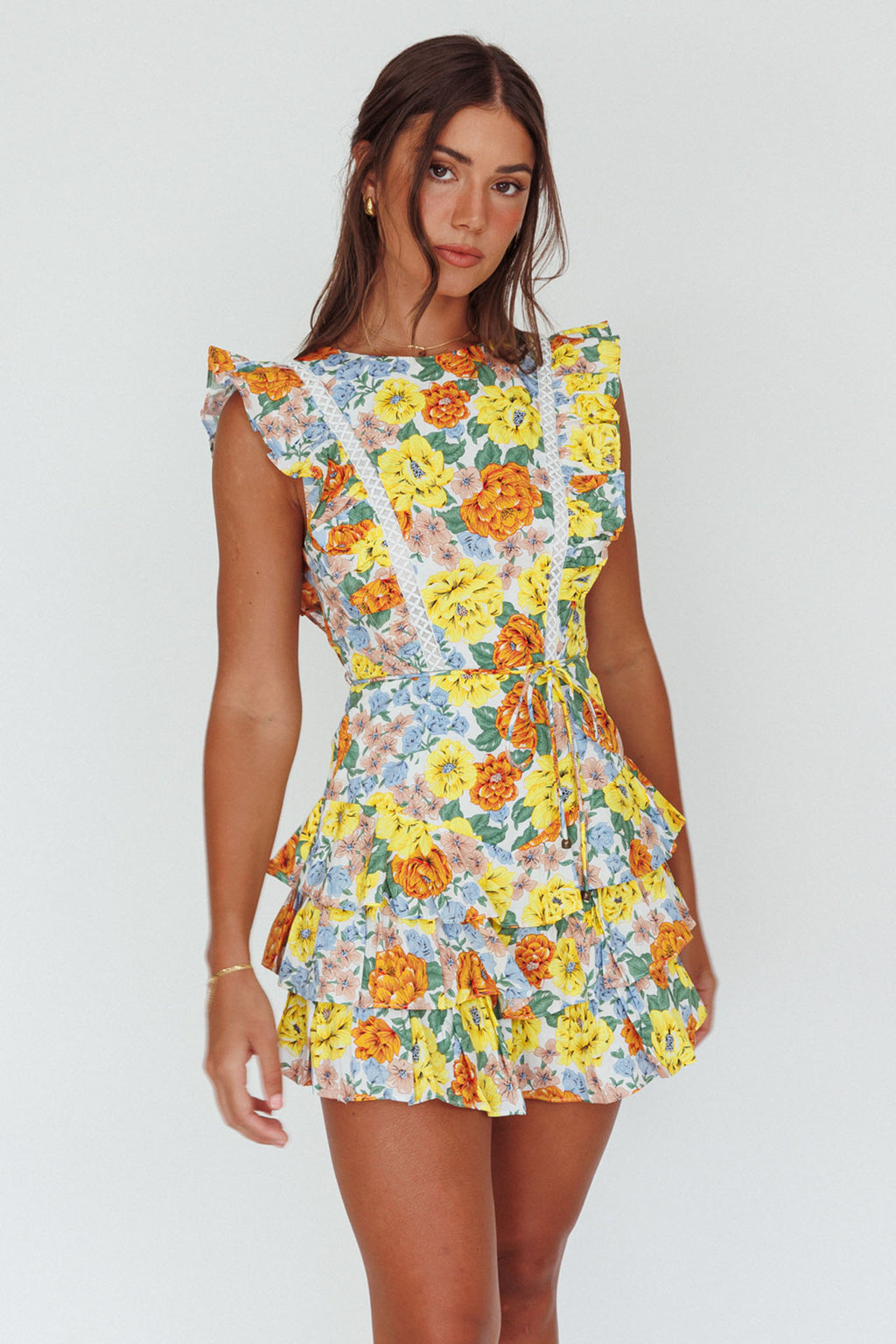 Weekend Muse Sleeveless Layered Frill Romper Yellow Floral by Selfie Leslie