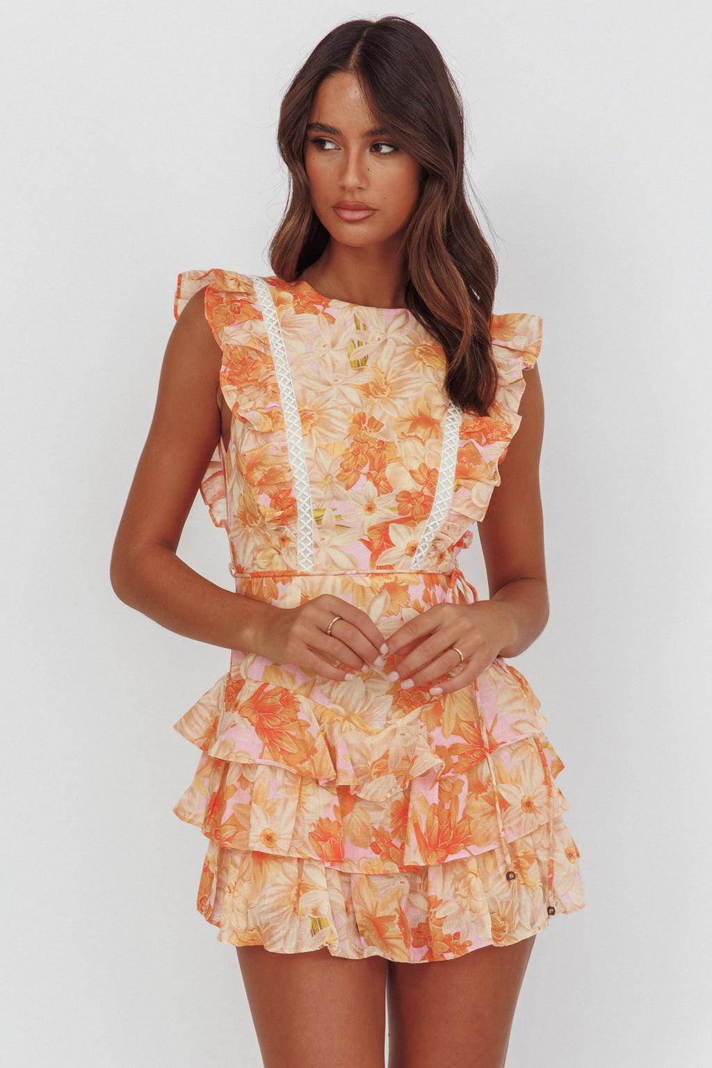 Weekend Muse Sleeveless Layered Frill Romper Flowers Yellow by Selfie Leslie