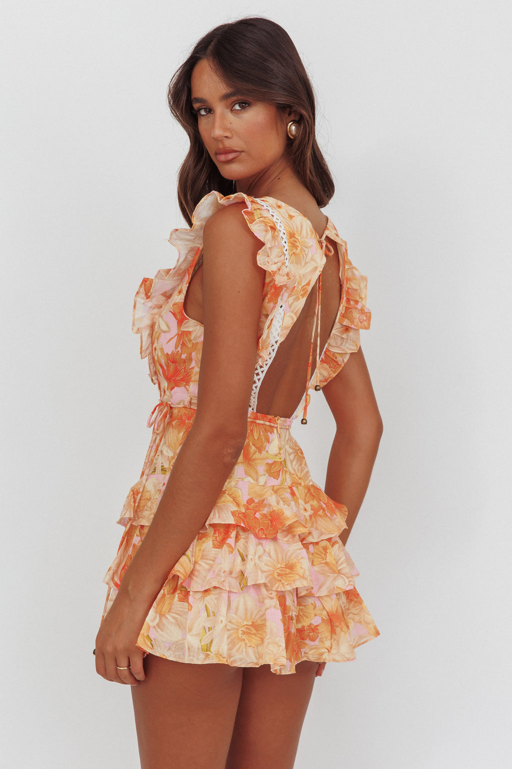 Weekend Muse Sleeveless Layered Frill Romper Flowers Yellow by Selfie Leslie