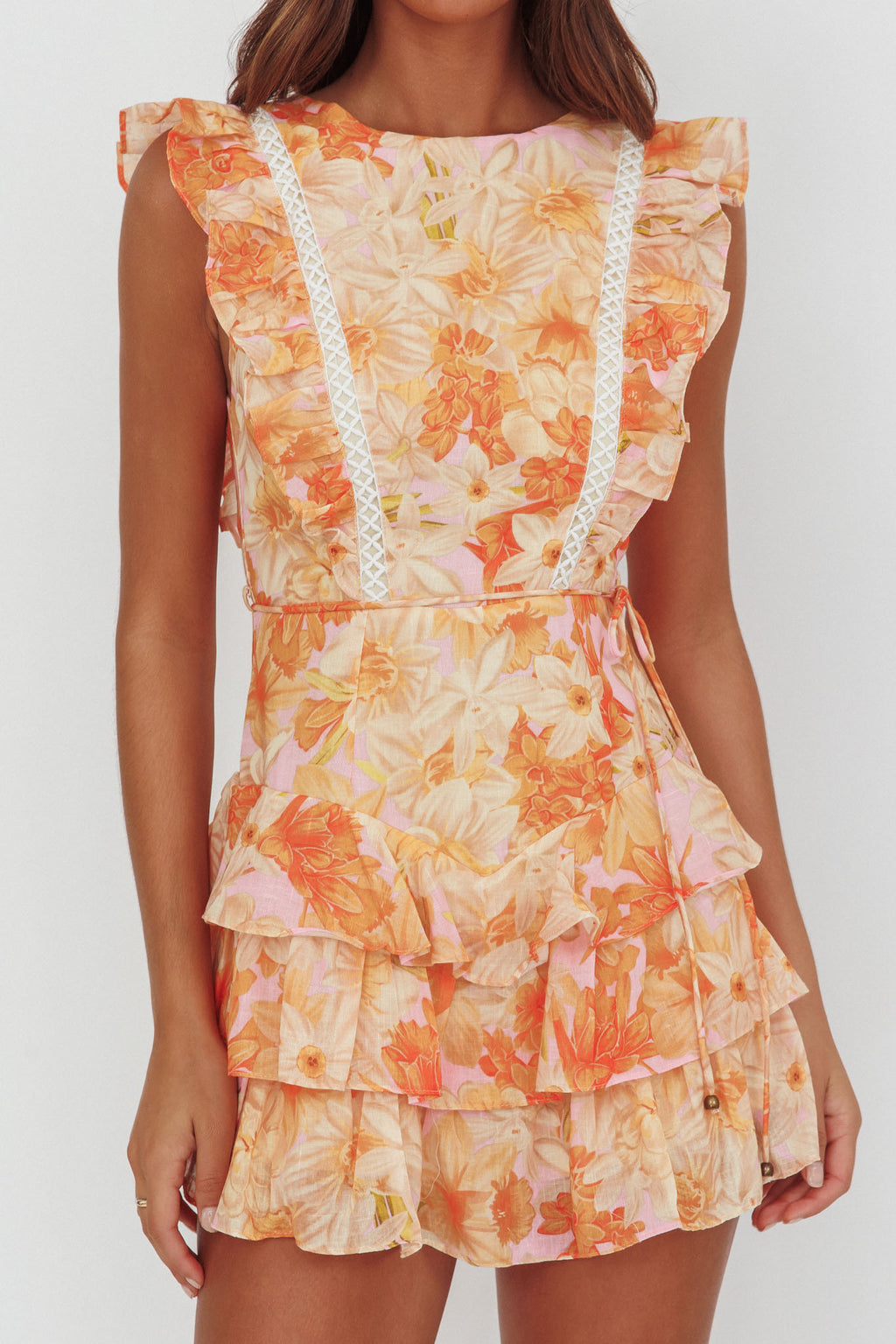 Weekend Muse Sleeveless Layered Frill Romper Flowers Yellow by Selfie Leslie