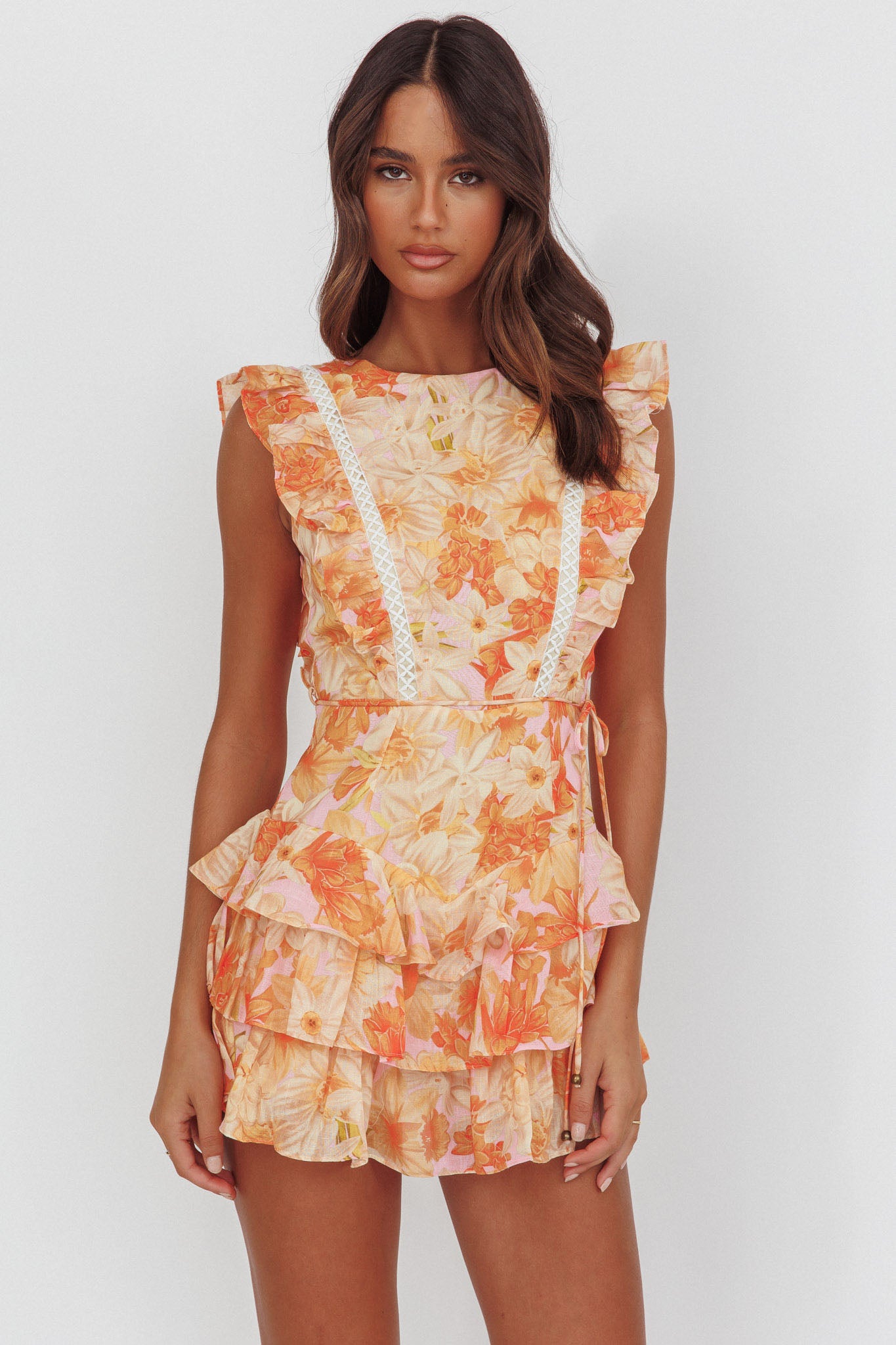 Weekend Muse Sleeveless Layered Frill Romper Flowers Yellow by Selfie Leslie