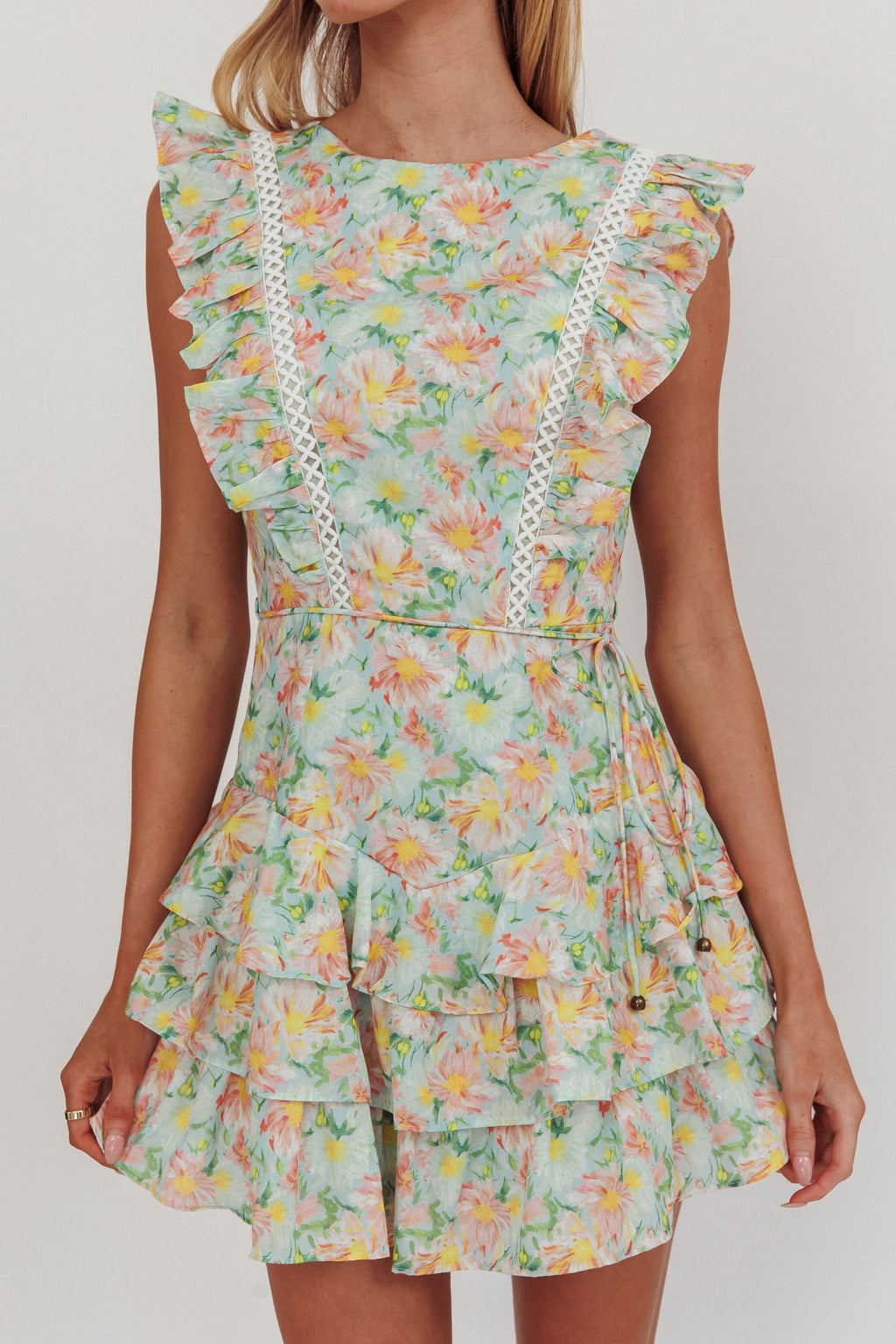 Weekend Muse Sleeveless Layered Frill Romper Floral Multi by Selfie Leslie