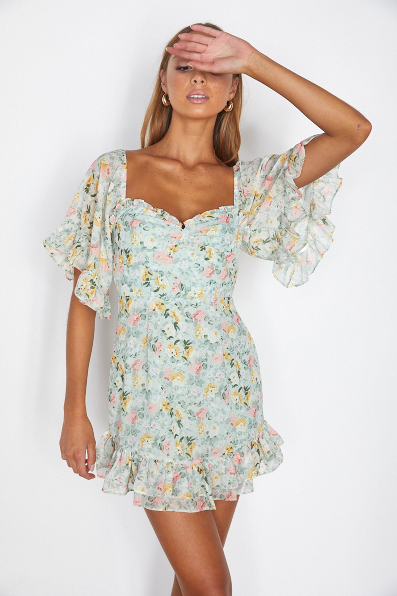 Elorah Frill Trim Mini Dress Floral Green by Selfie Leslie