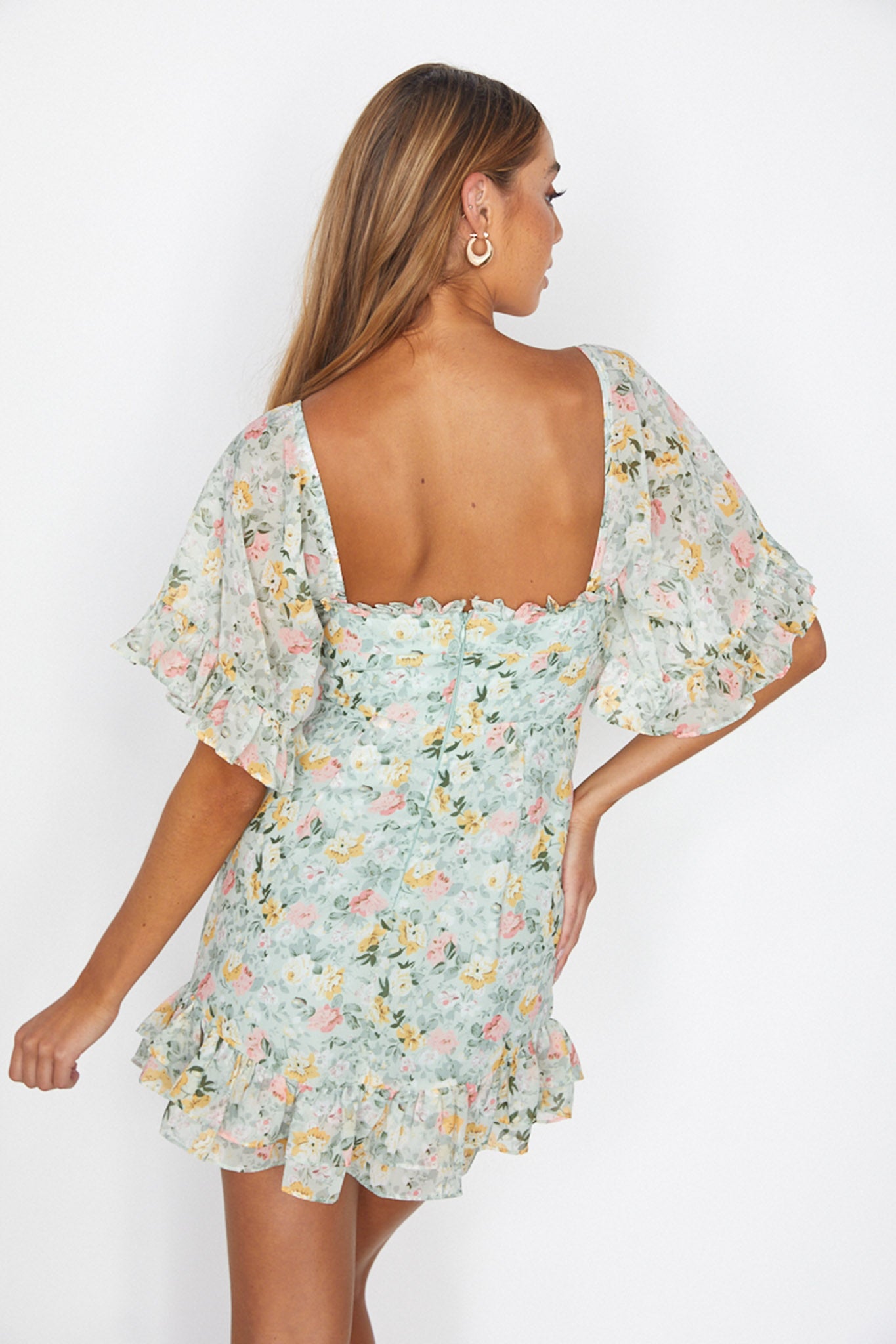 Elorah Frill Trim Mini Dress Floral Green by Selfie Leslie