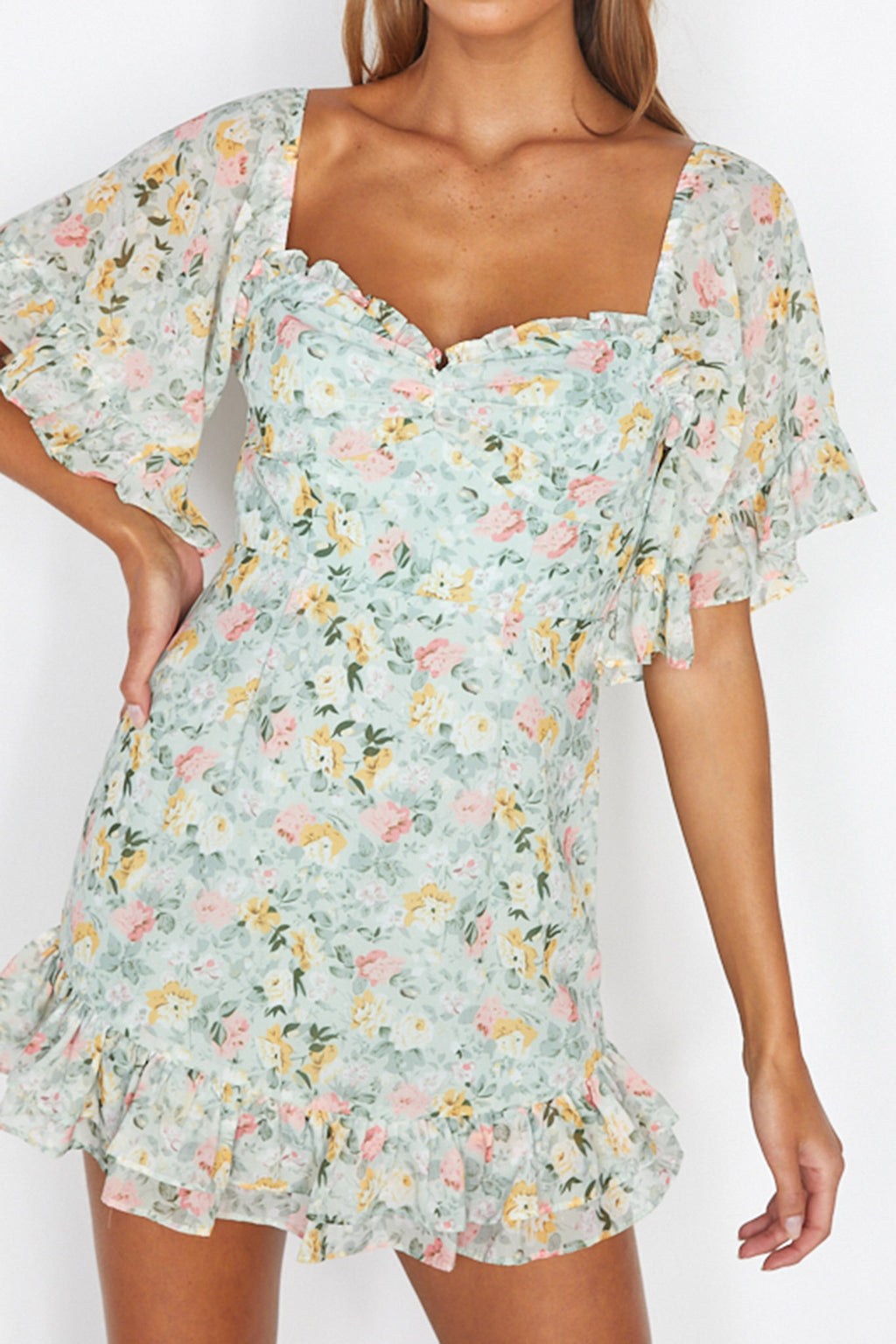 Elorah Frill Trim Mini Dress Floral Green by Selfie Leslie
