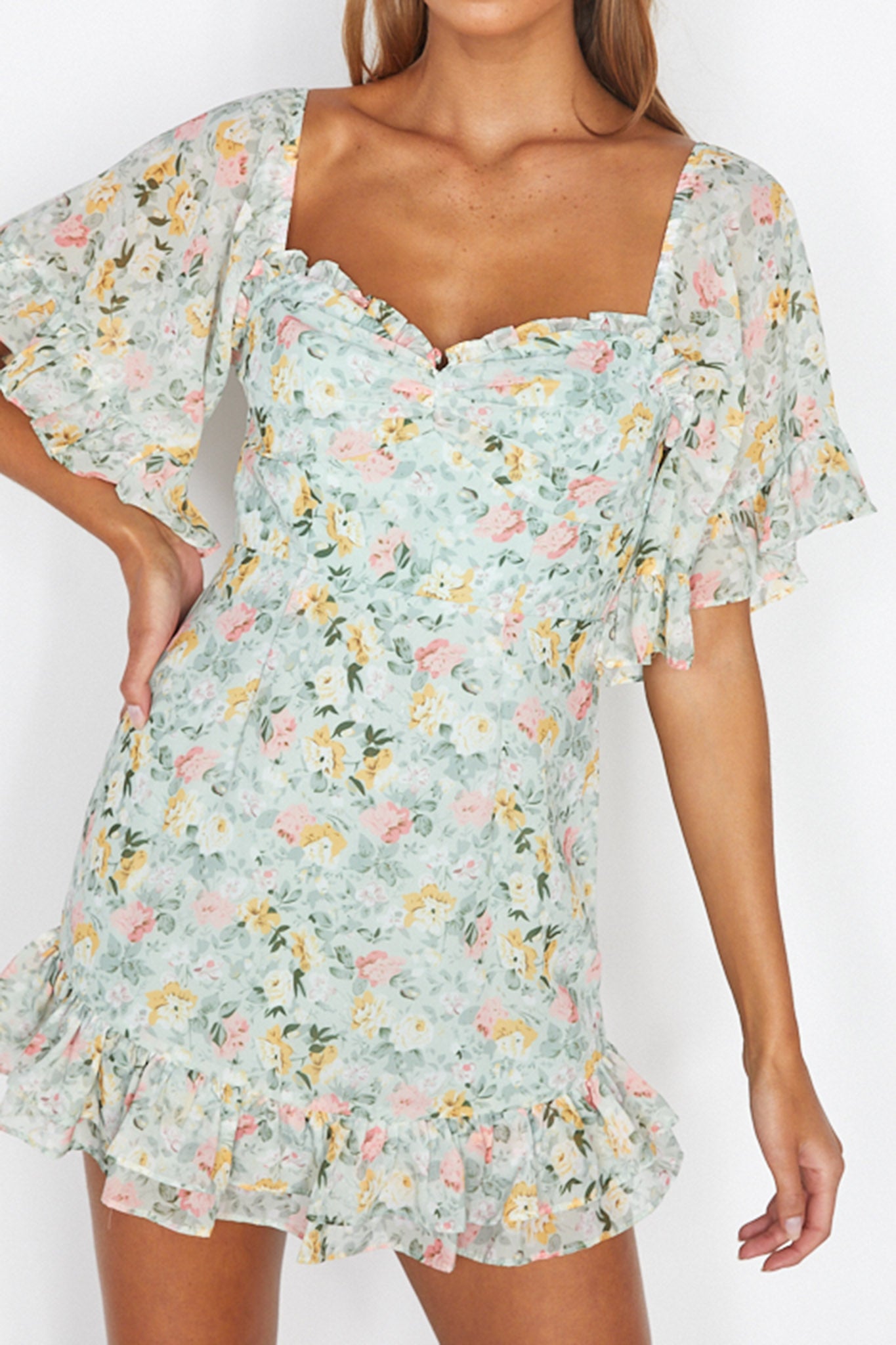 Elorah Frill Trim Mini Dress Floral Green by Selfie Leslie