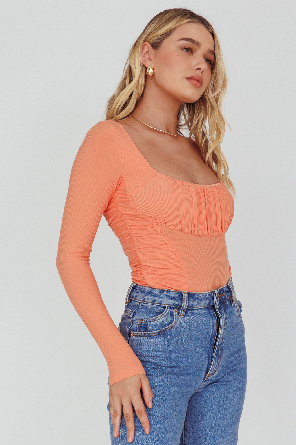 Bobbi Long Sleeve Ruched Side Ribbed Bodysuit Orange by Selfie Leslie