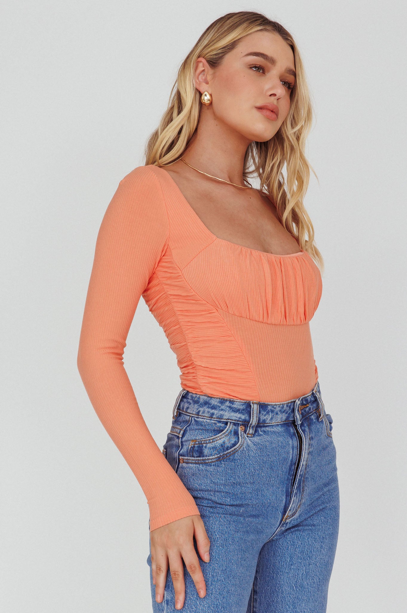 Bobbi Long Sleeve Ruched Side Ribbed Bodysuit Orange by Selfie Leslie