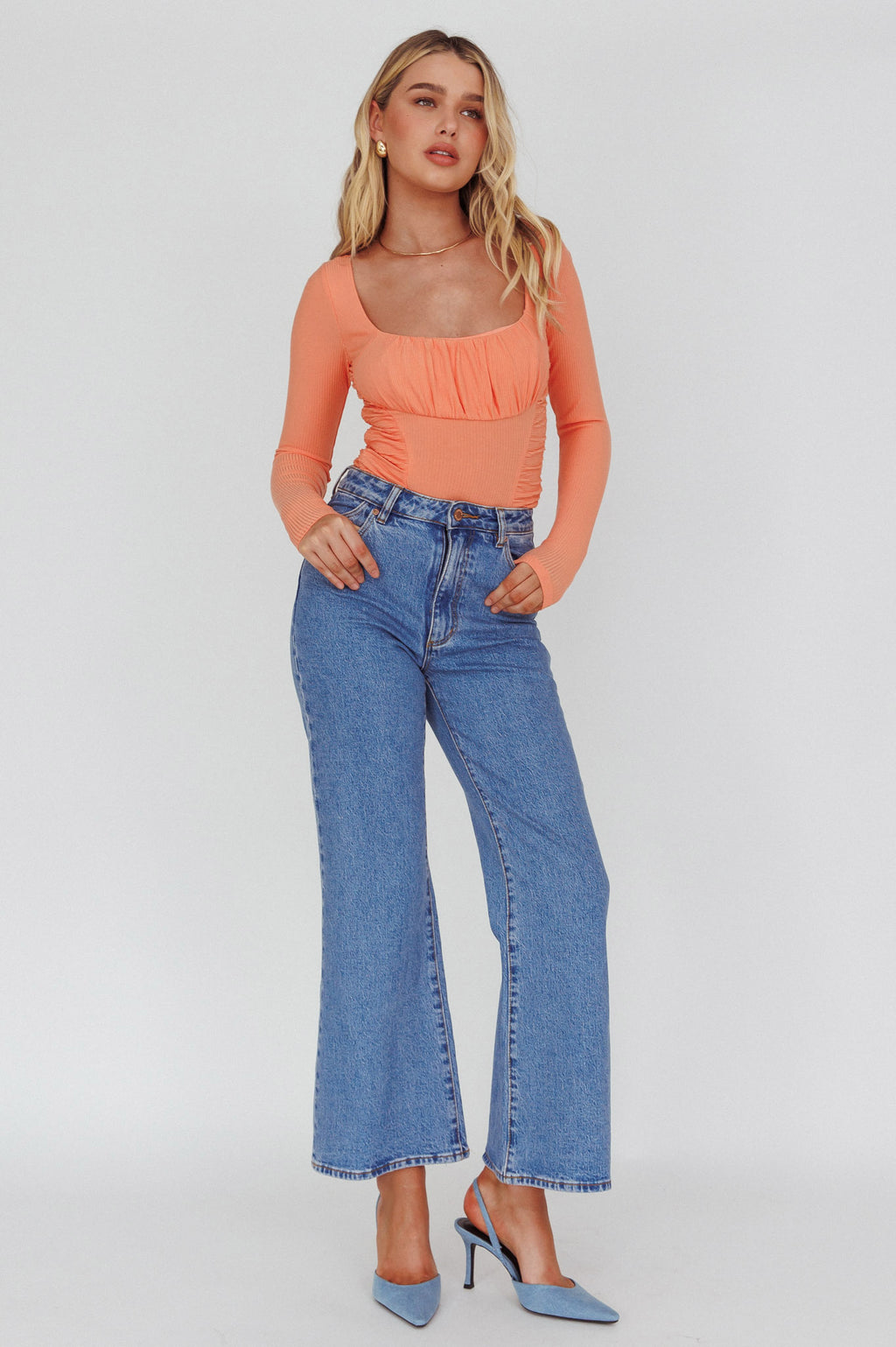 Bobbi Long Sleeve Ruched Side Ribbed Bodysuit Orange by Selfie Leslie