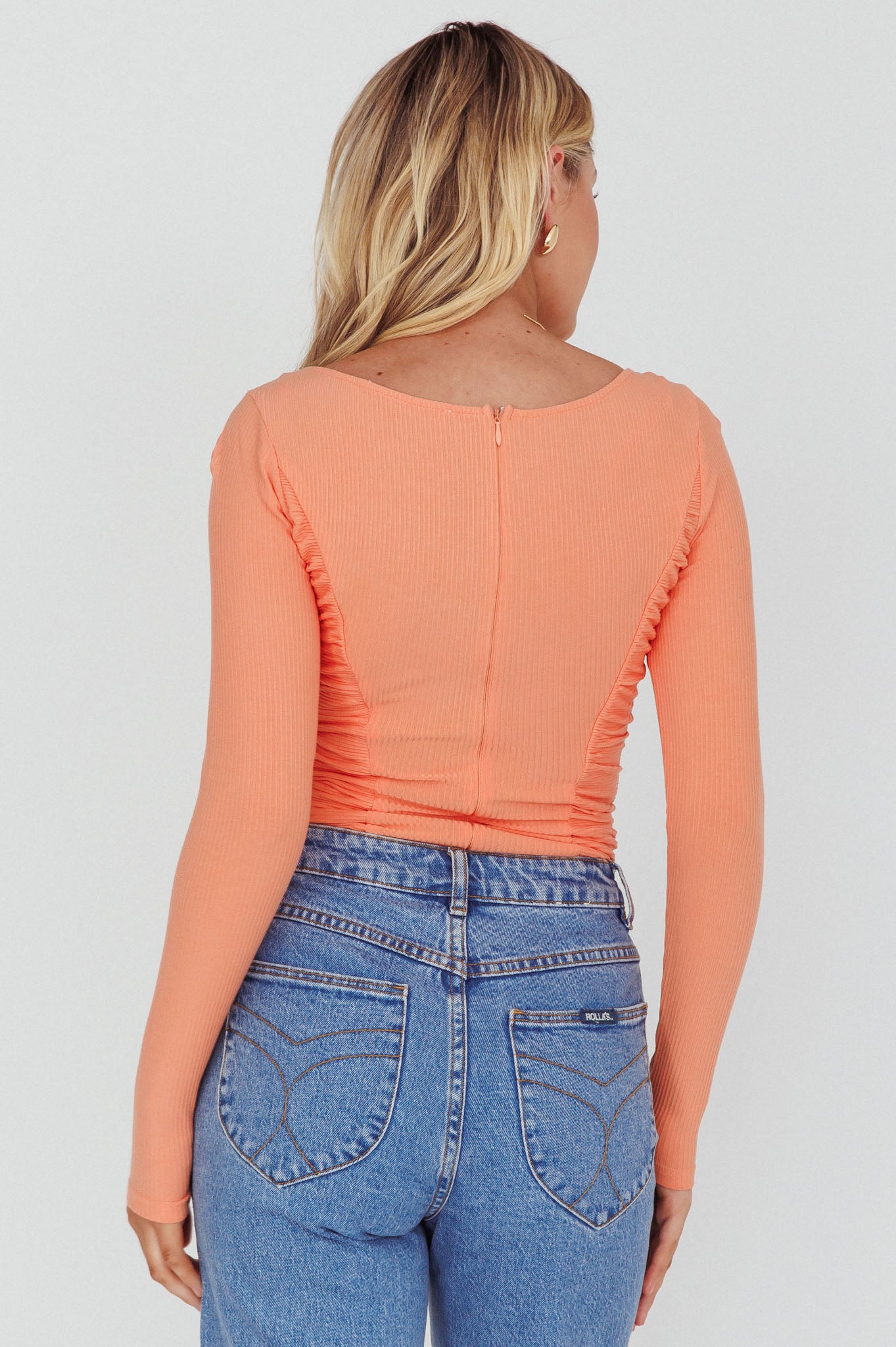 Bobbi Long Sleeve Ruched Side Ribbed Bodysuit Orange by Selfie Leslie