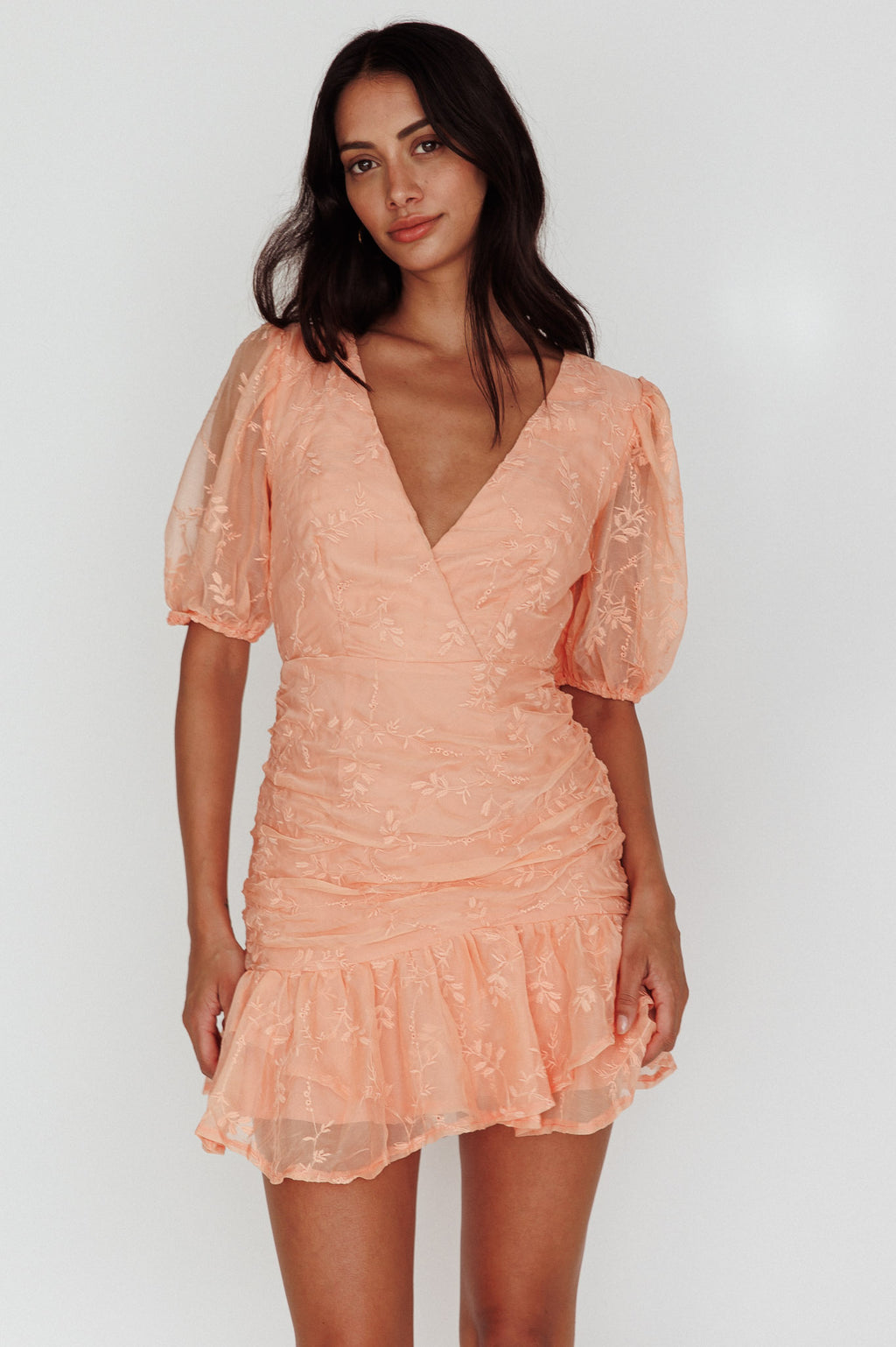 Cherry Blossom Puff Sleeve Wide Ruffle Hem Dress Orange by Selfie Leslie