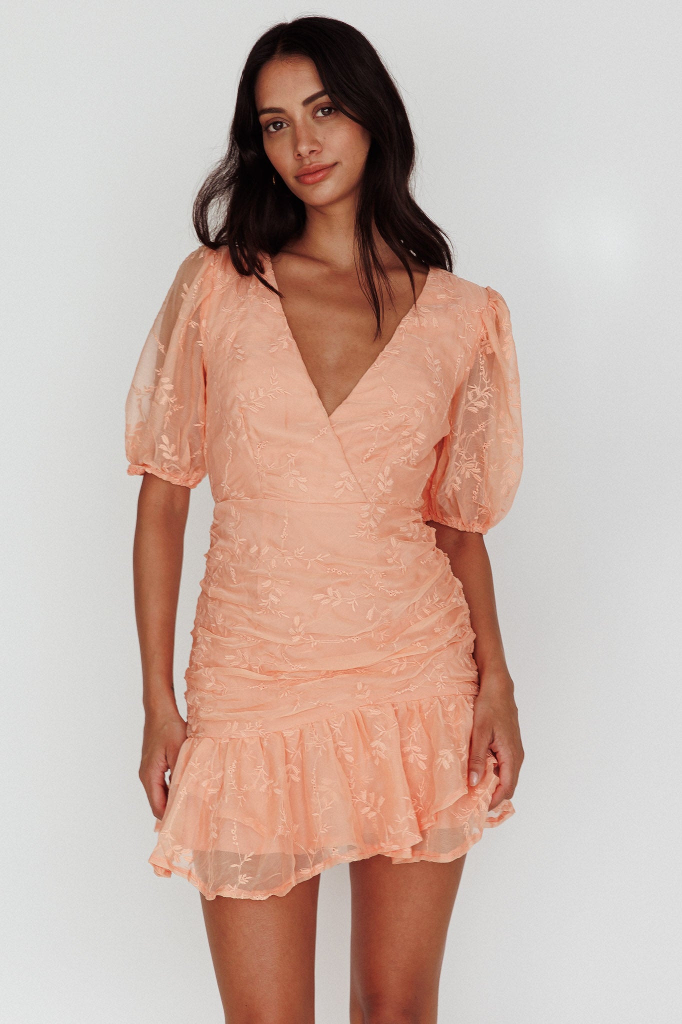 Cherry Blossom Puff Sleeve Wide Ruffle Hem Dress Orange by Selfie Leslie