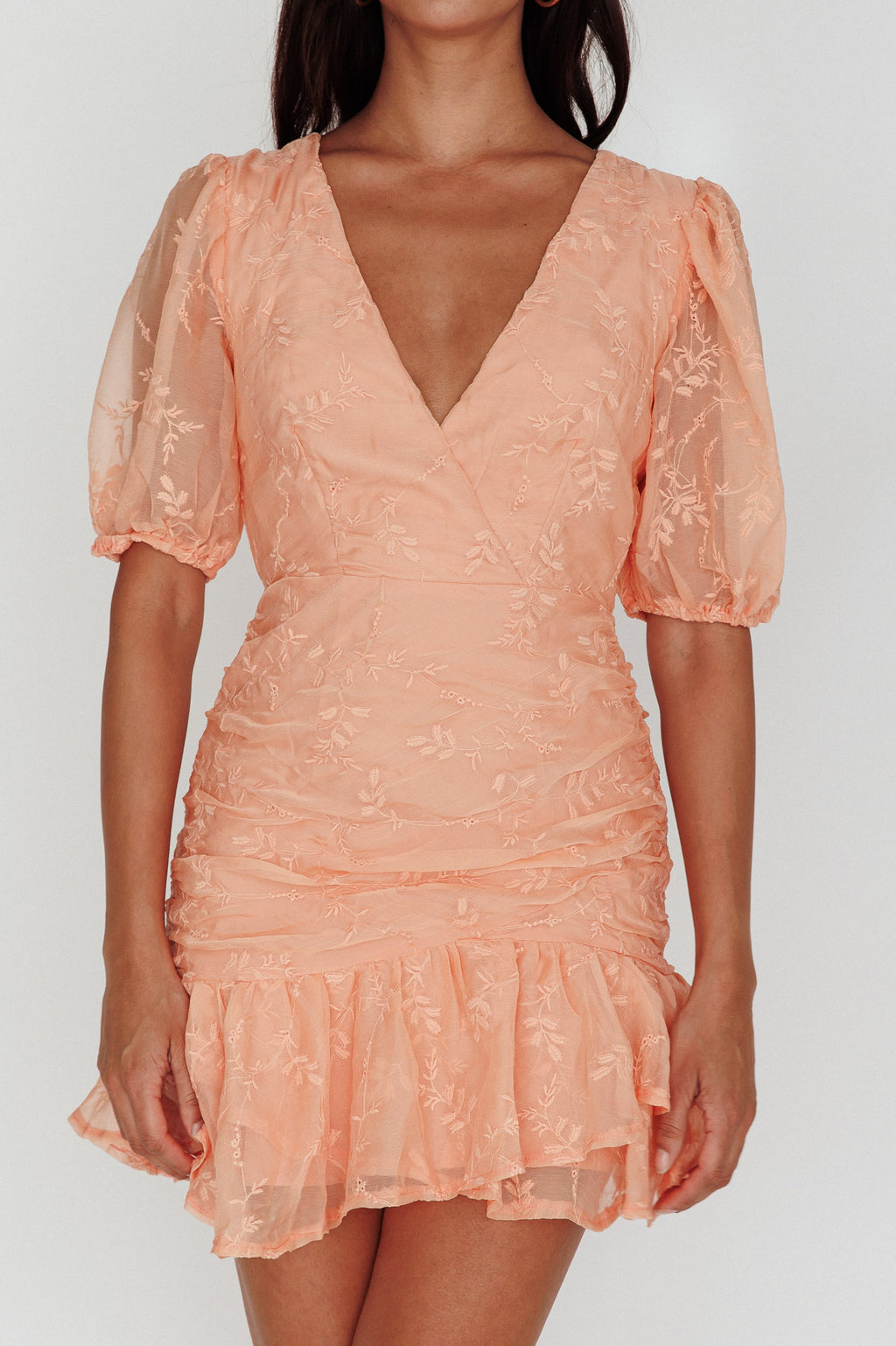 Cherry Blossom Puff Sleeve Wide Ruffle Hem Dress Orange by Selfie Leslie