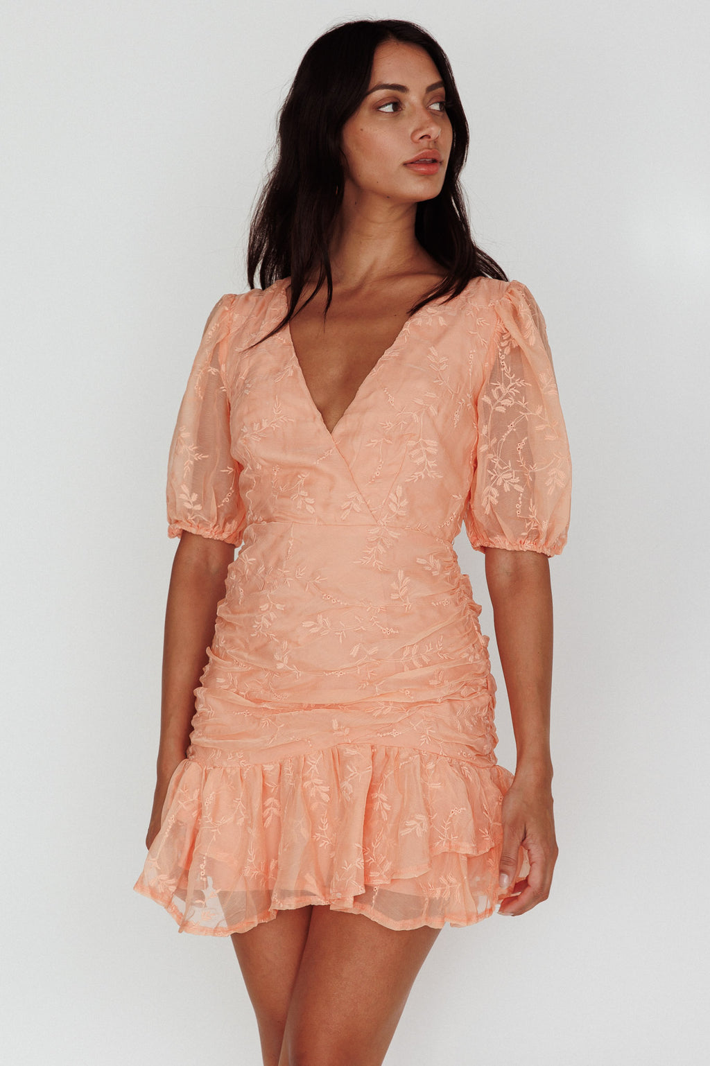 Cherry Blossom Puff Sleeve Wide Ruffle Hem Dress Orange by Selfie Leslie