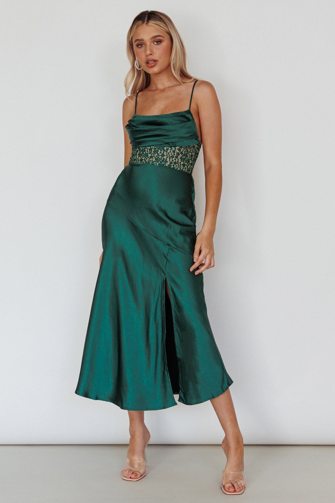 Golden Era Cowl Neck Lace Waist Midi Dress Jade by Selfie Leslie
