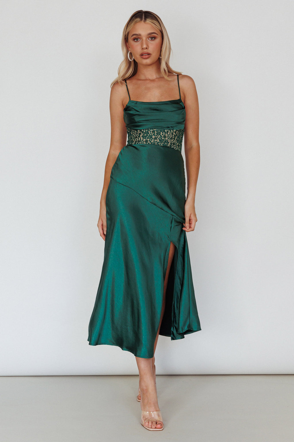 Golden Era Cowl Neck Lace Waist Midi Dress Jade by Selfie Leslie