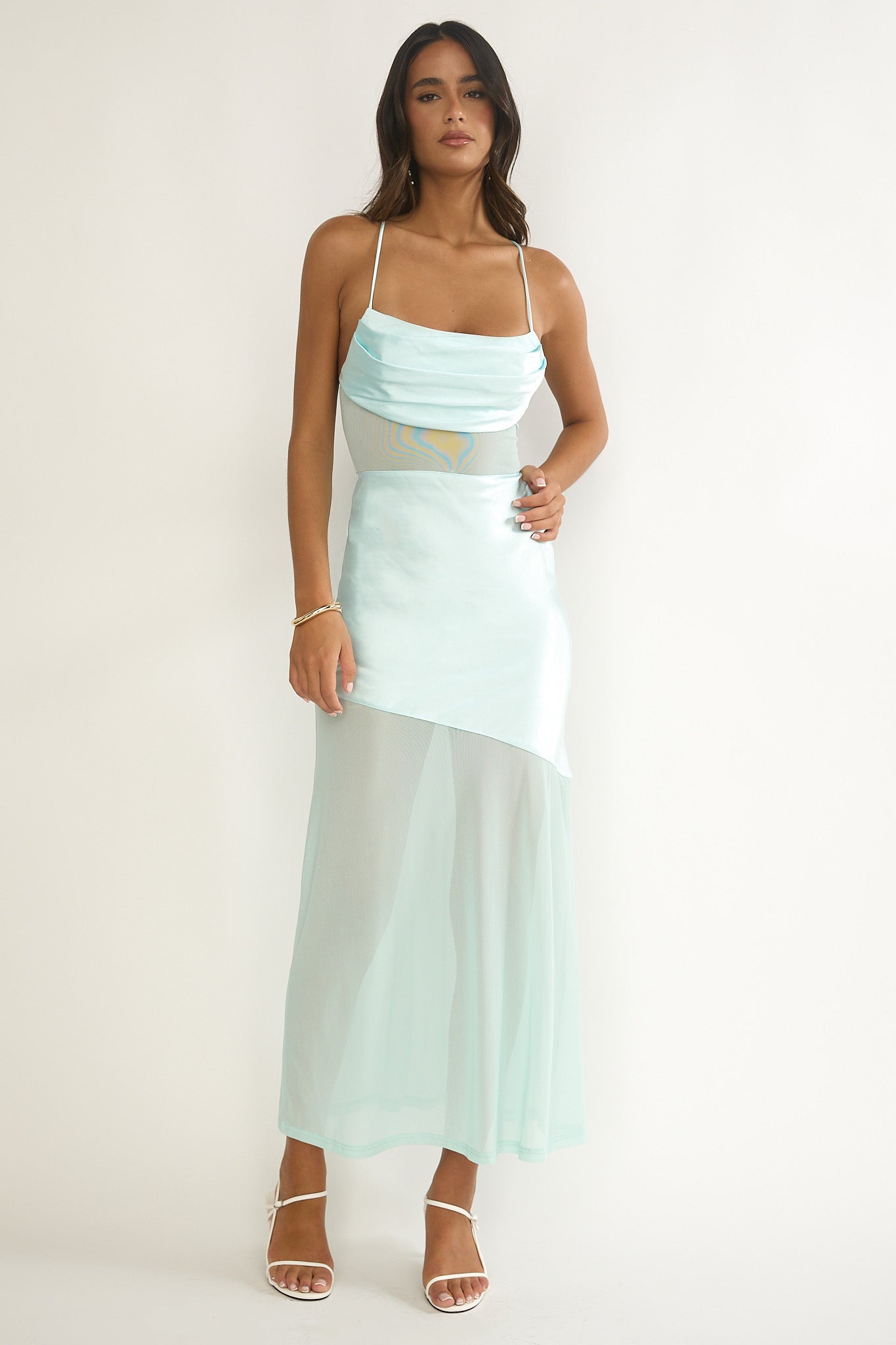 Golden Era Sheer Waist Maxi Dress Aqua Blue by Selfie Leslie