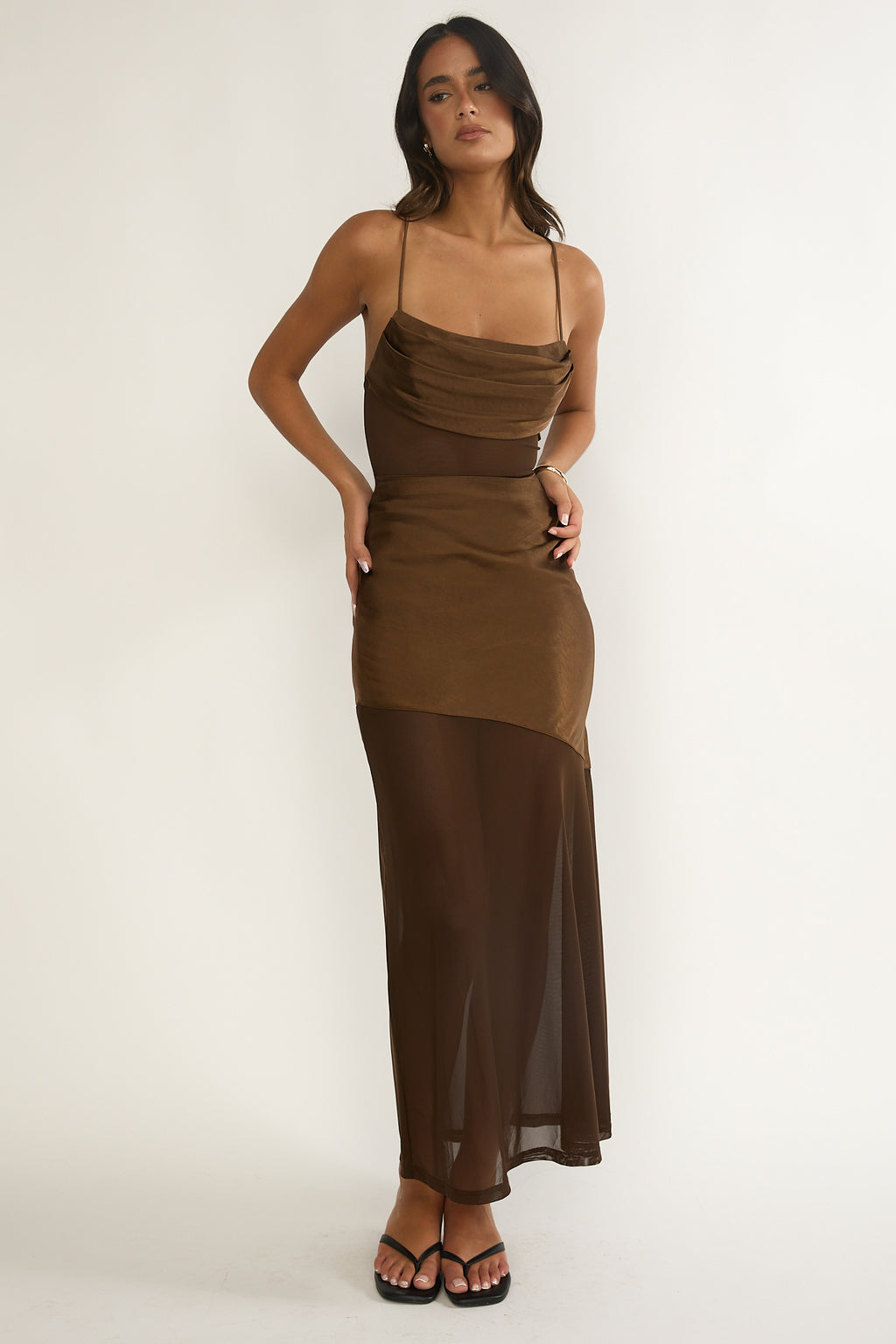 Golden Era Sheer Waist Maxi Dress Chocolate by Selfie Leslie