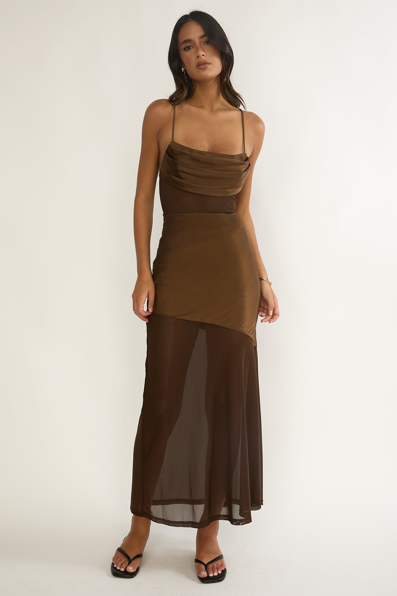 Golden Era Sheer Waist Maxi Dress Chocolate by Selfie Leslie