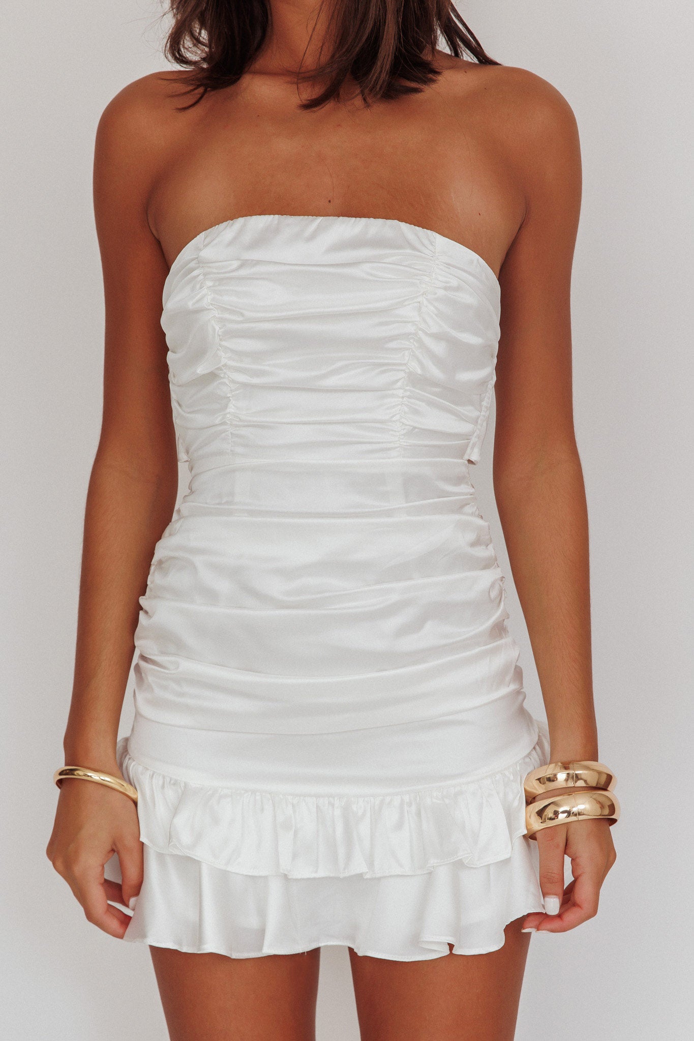 annabella strapless tied back frill hem mini dress baby pink Anabeila Strapless Frill Mini Dress | Light Pink | Womens