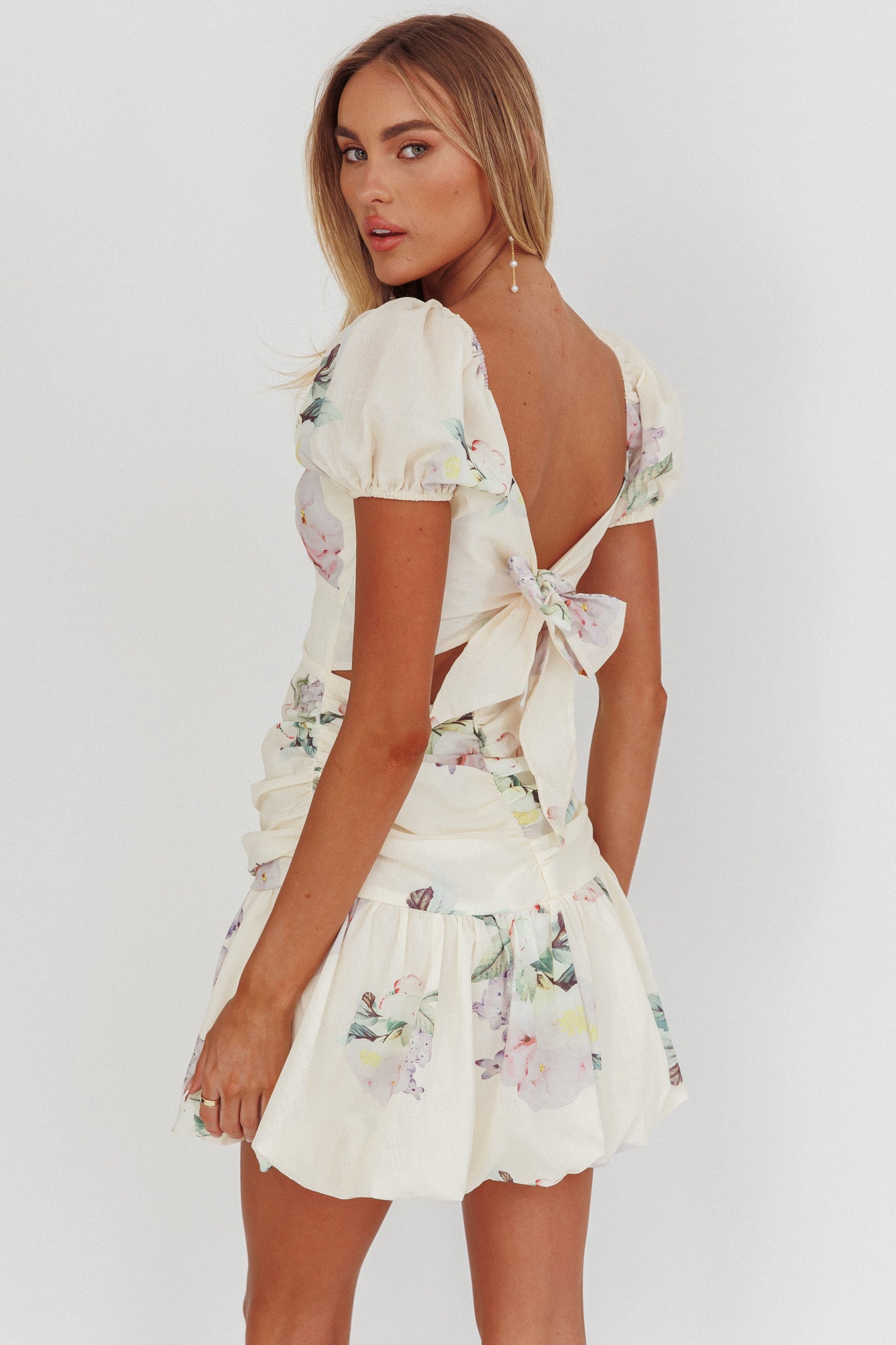 Annabella Puff Sleeve Tied Back Mini Dress Floral Butter by Selfie Leslie