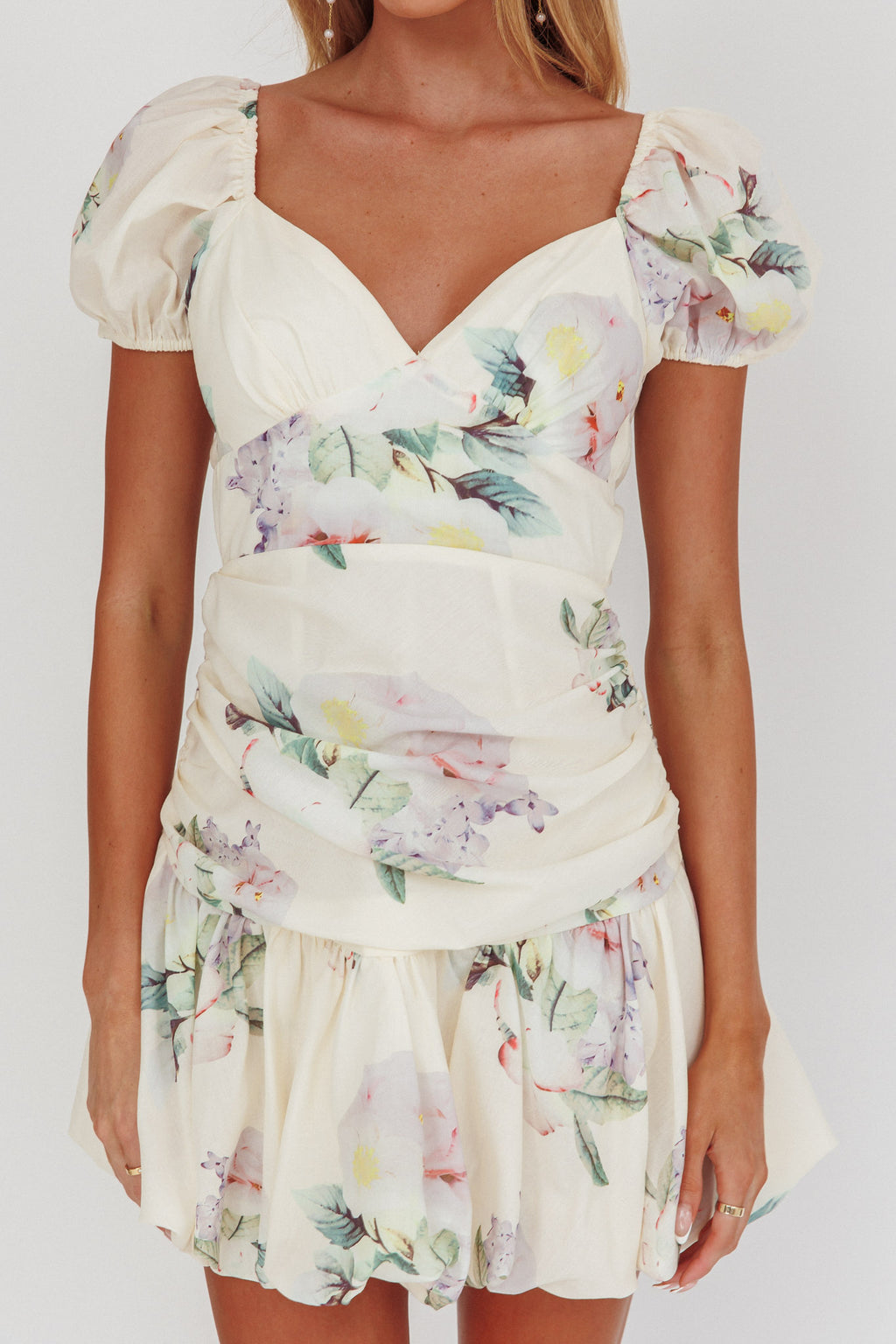 Annabella Puff Sleeve Tied Back Mini Dress Floral Butter by Selfie Leslie