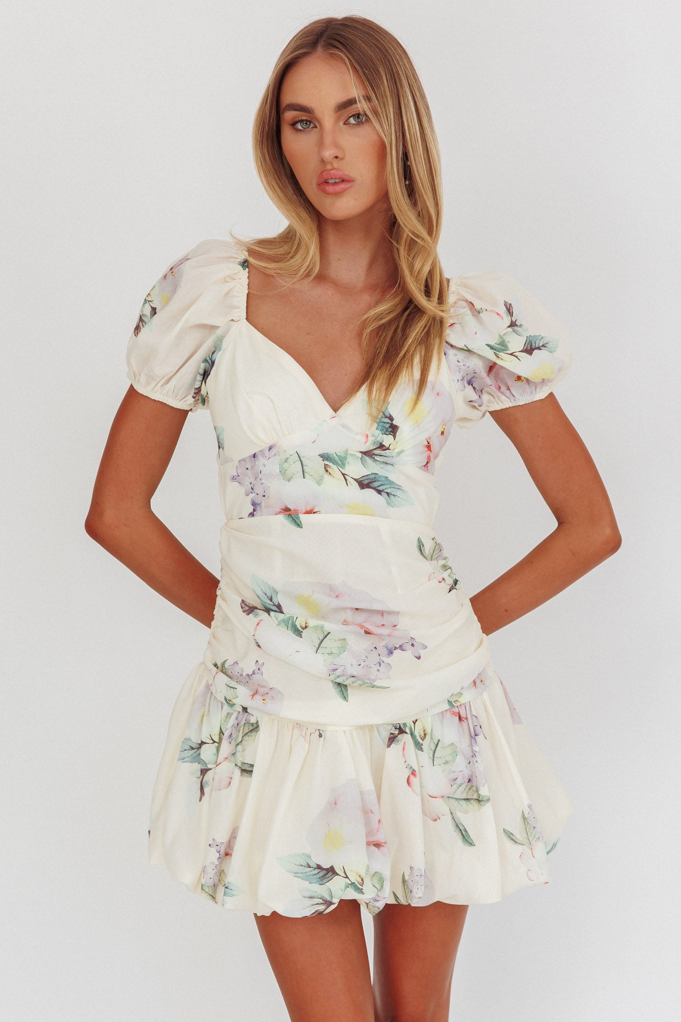 Annabella Puff Sleeve Tied Back Mini Dress Floral Butter by Selfie Leslie