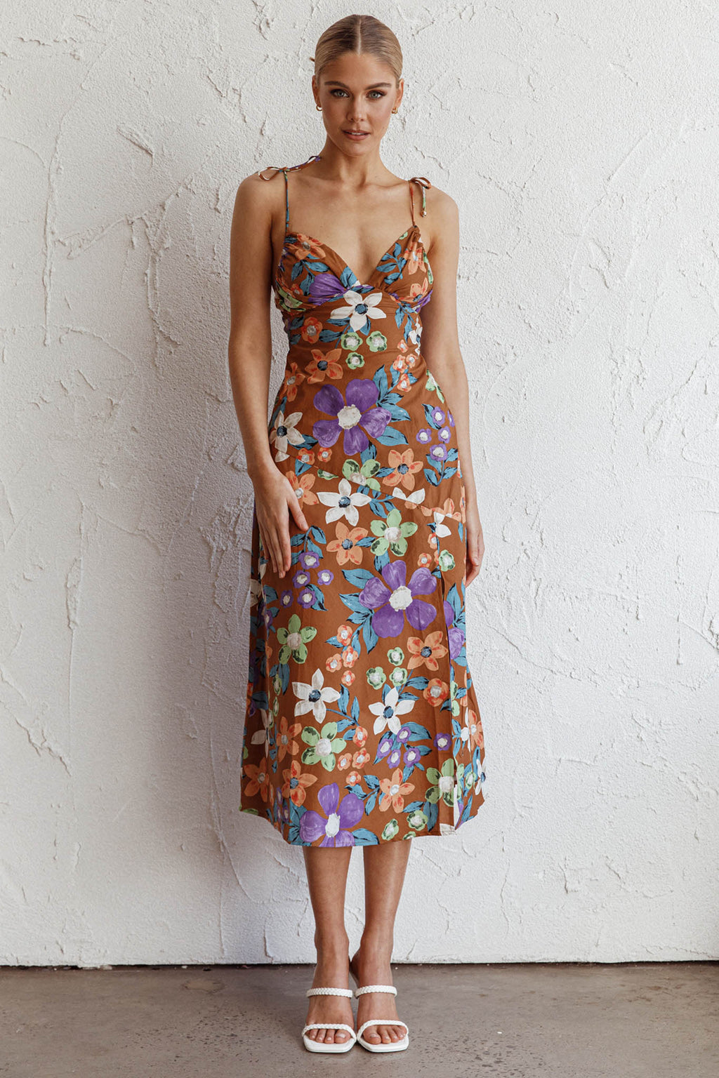 Clovelly Tied Shoulder Midi Dress Flower Terracotta by Selfie Leslie