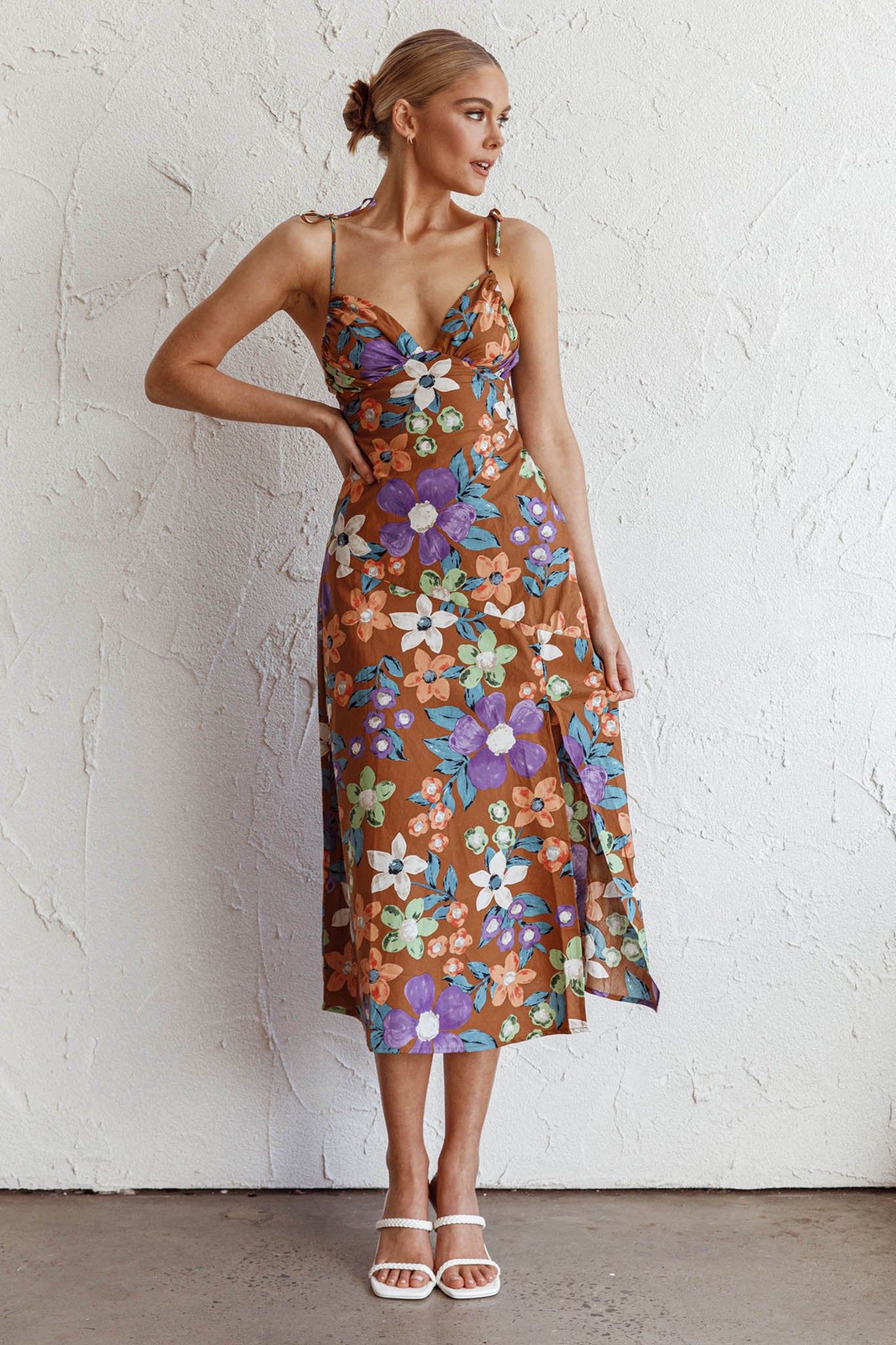 Clovelly Tied Shoulder Midi Dress Flower Terracotta by Selfie Leslie