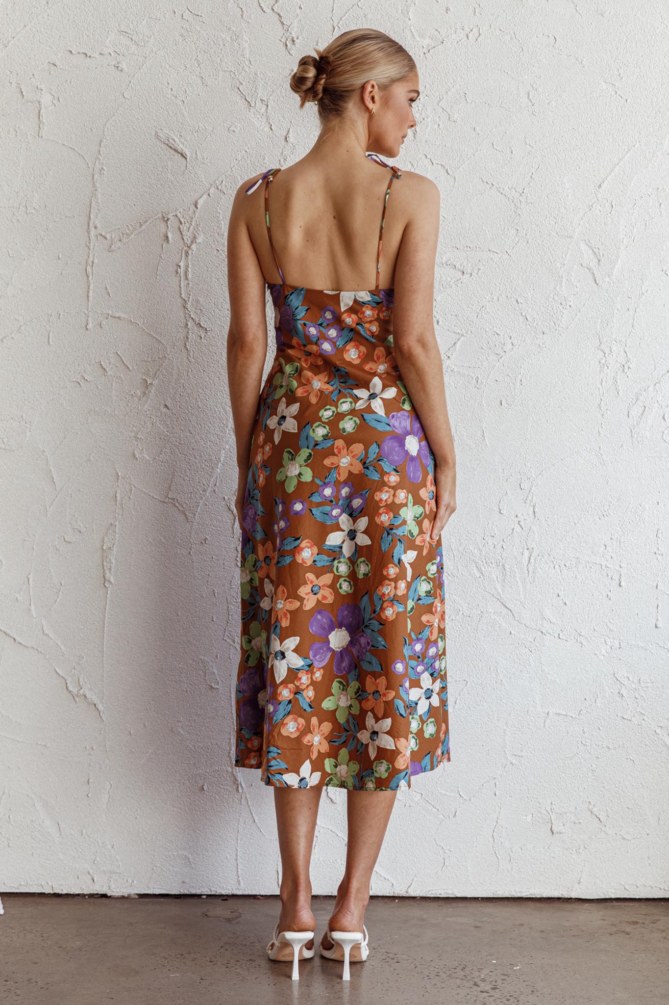 Clovelly Tied Shoulder Midi Dress Flower Terracotta by Selfie Leslie