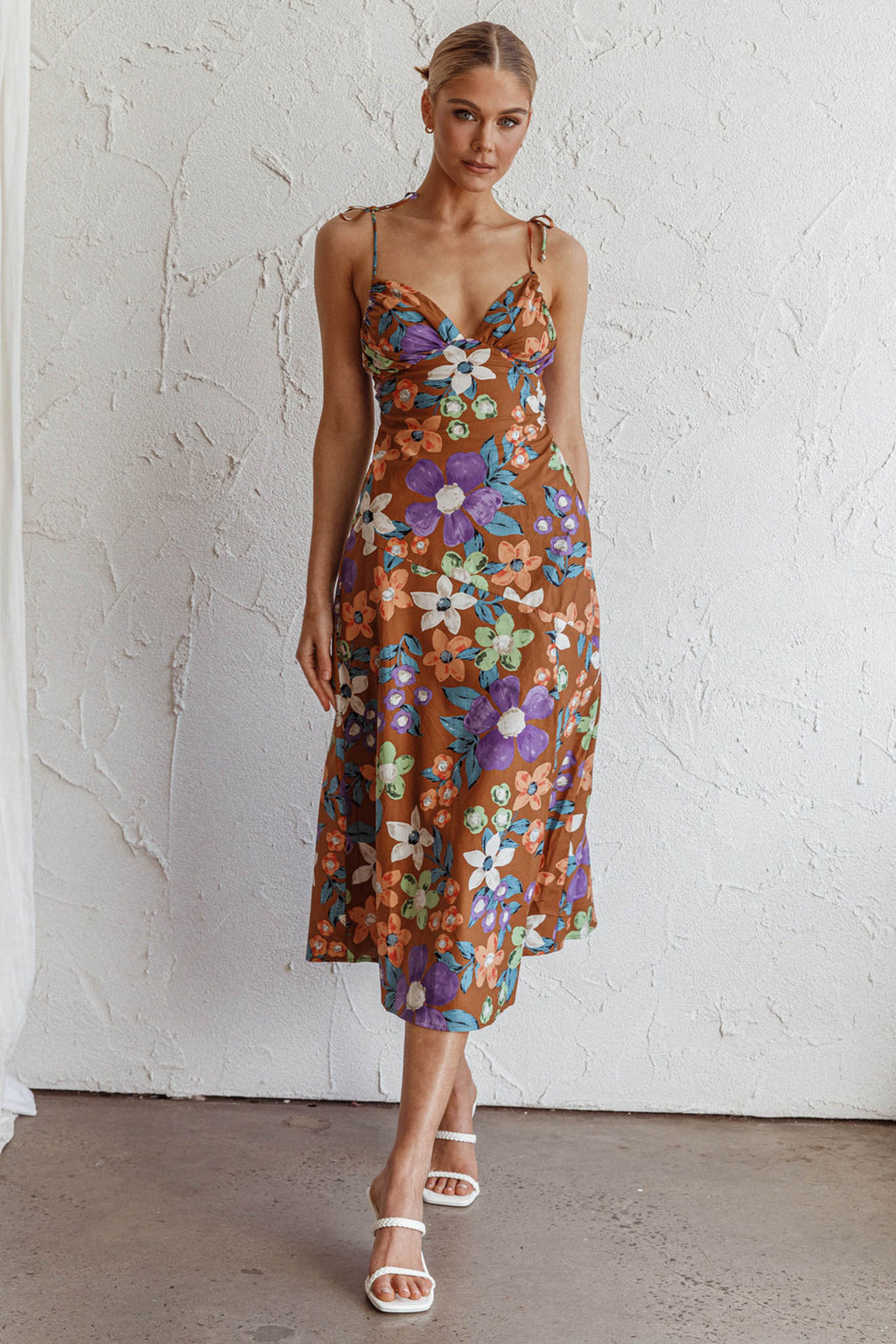 Clovelly Tied Shoulder Midi Dress Flower Terracotta by Selfie Leslie