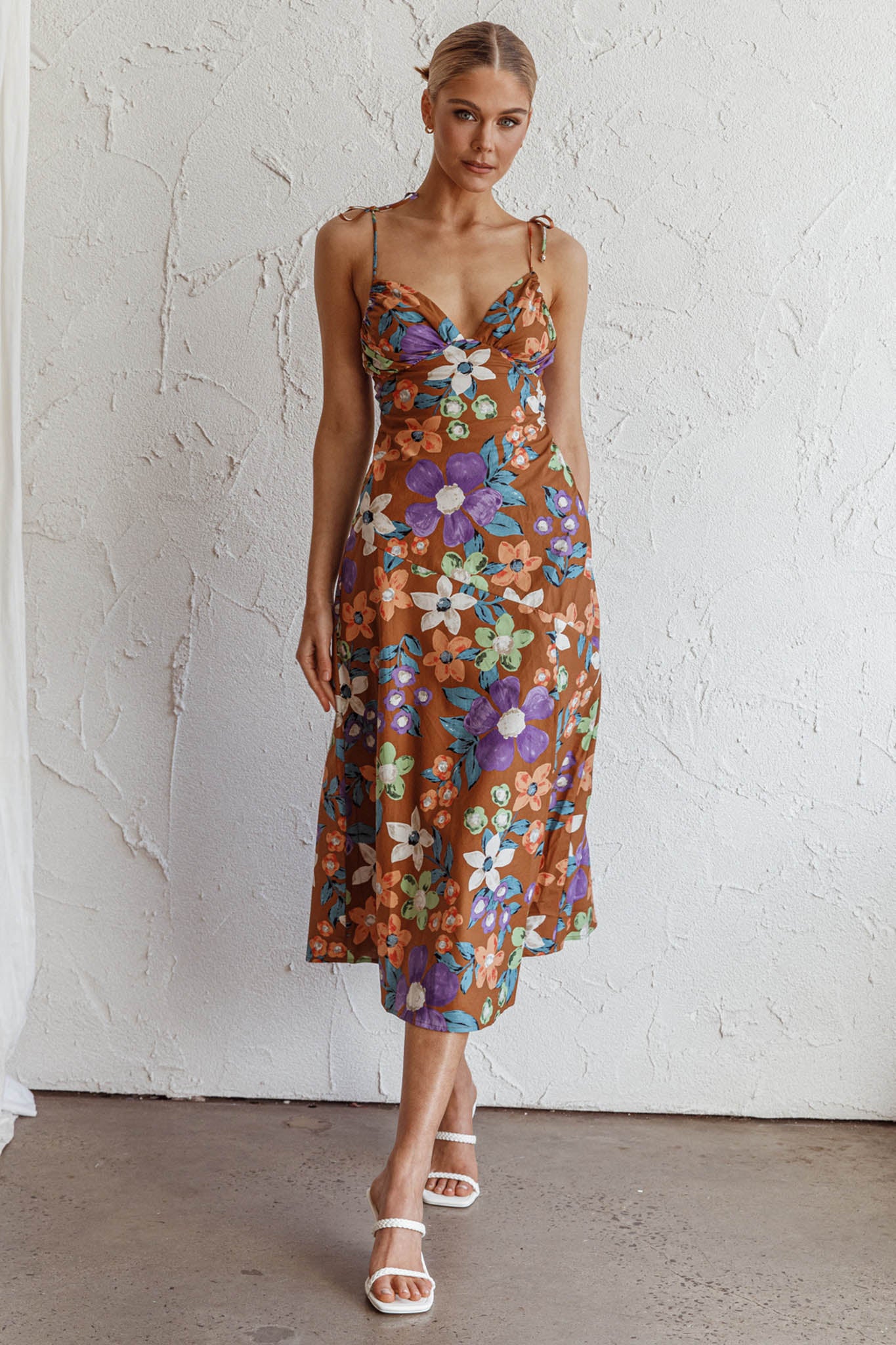 Clovelly Tied Shoulder Midi Dress Flower Terracotta by Selfie Leslie
