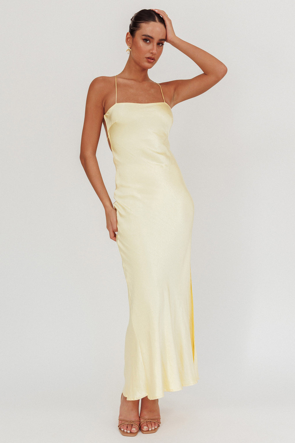 Dolce Life Backless Satin Maxi Dress Butter by Selfie Leslie