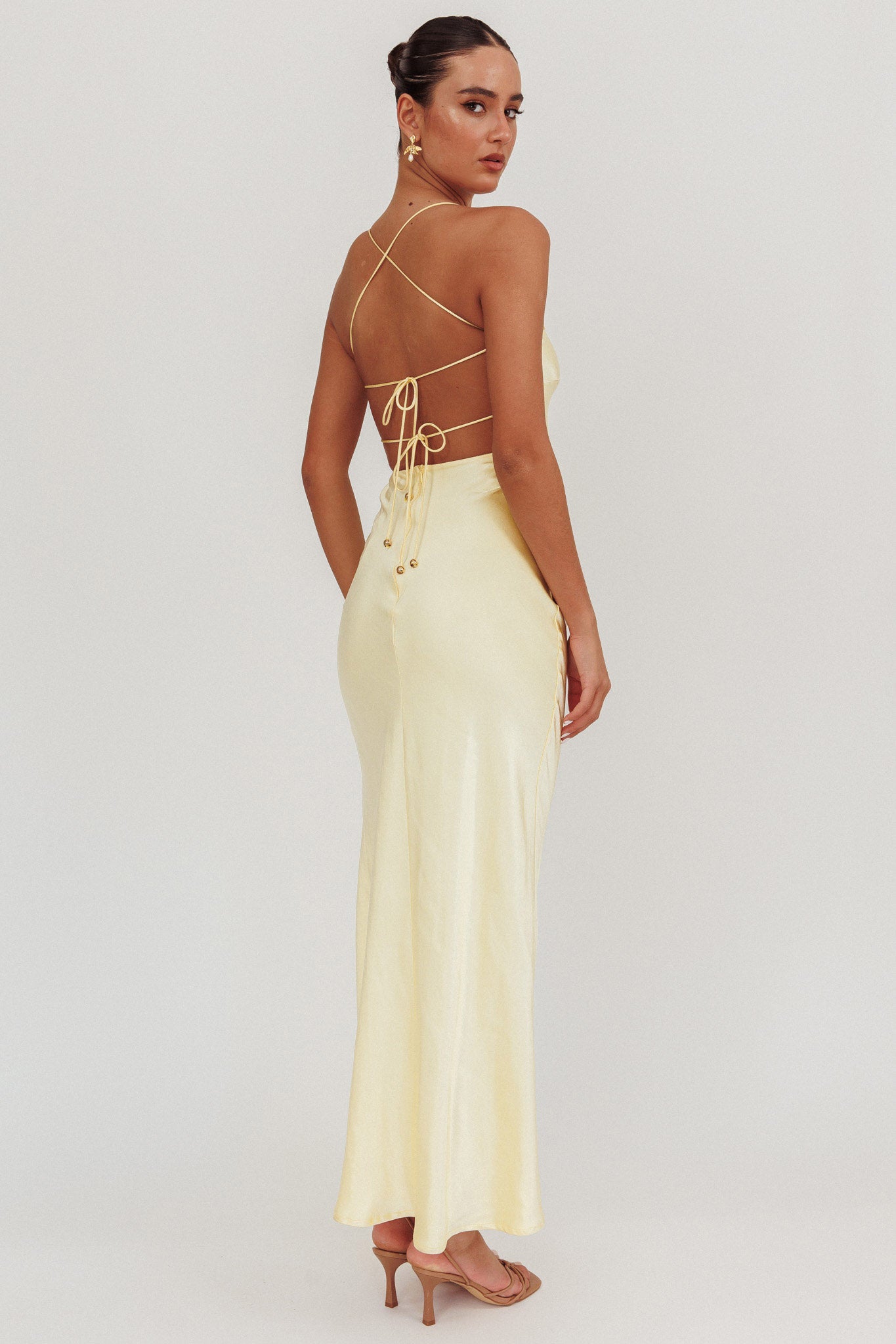 Dolce Life Backless Satin Maxi Dress Butter Dolce Life Backless Satin Maxi Dress Butter