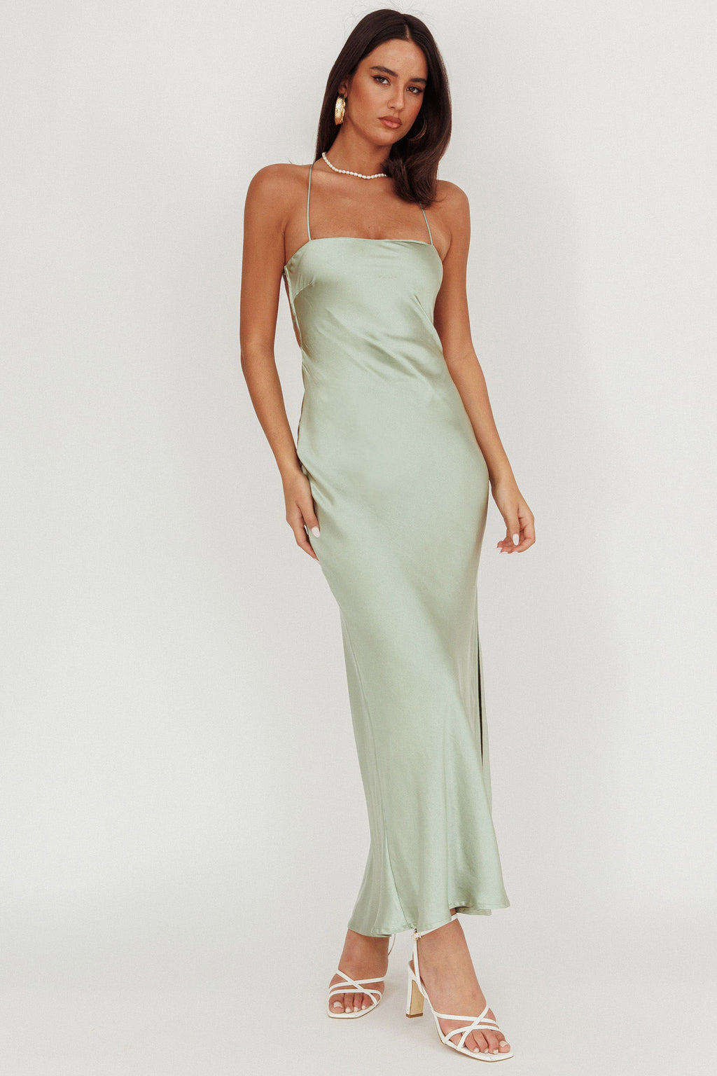 Dolce Life Backless Satin Maxi Dress Sage | Selfie Leslie Dolce Life Backless Satin Maxi Dress Sage | Selfie Leslie