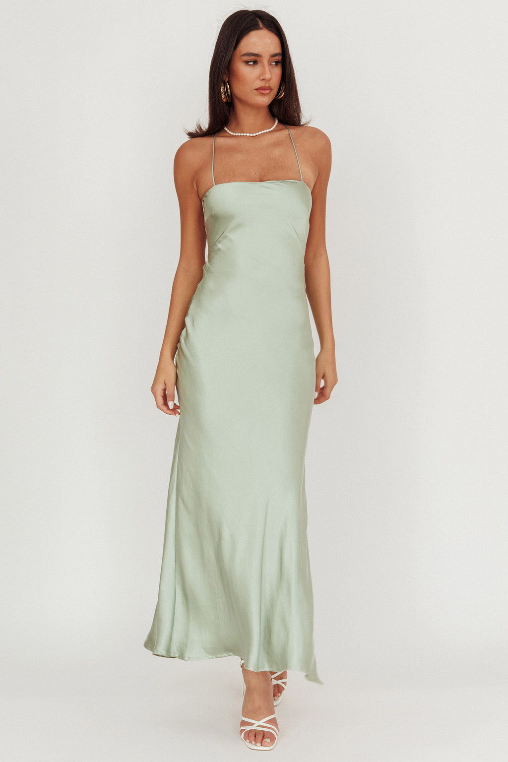 Dolce Life Backless Satin Maxi Dress Sage by Selfie Leslie