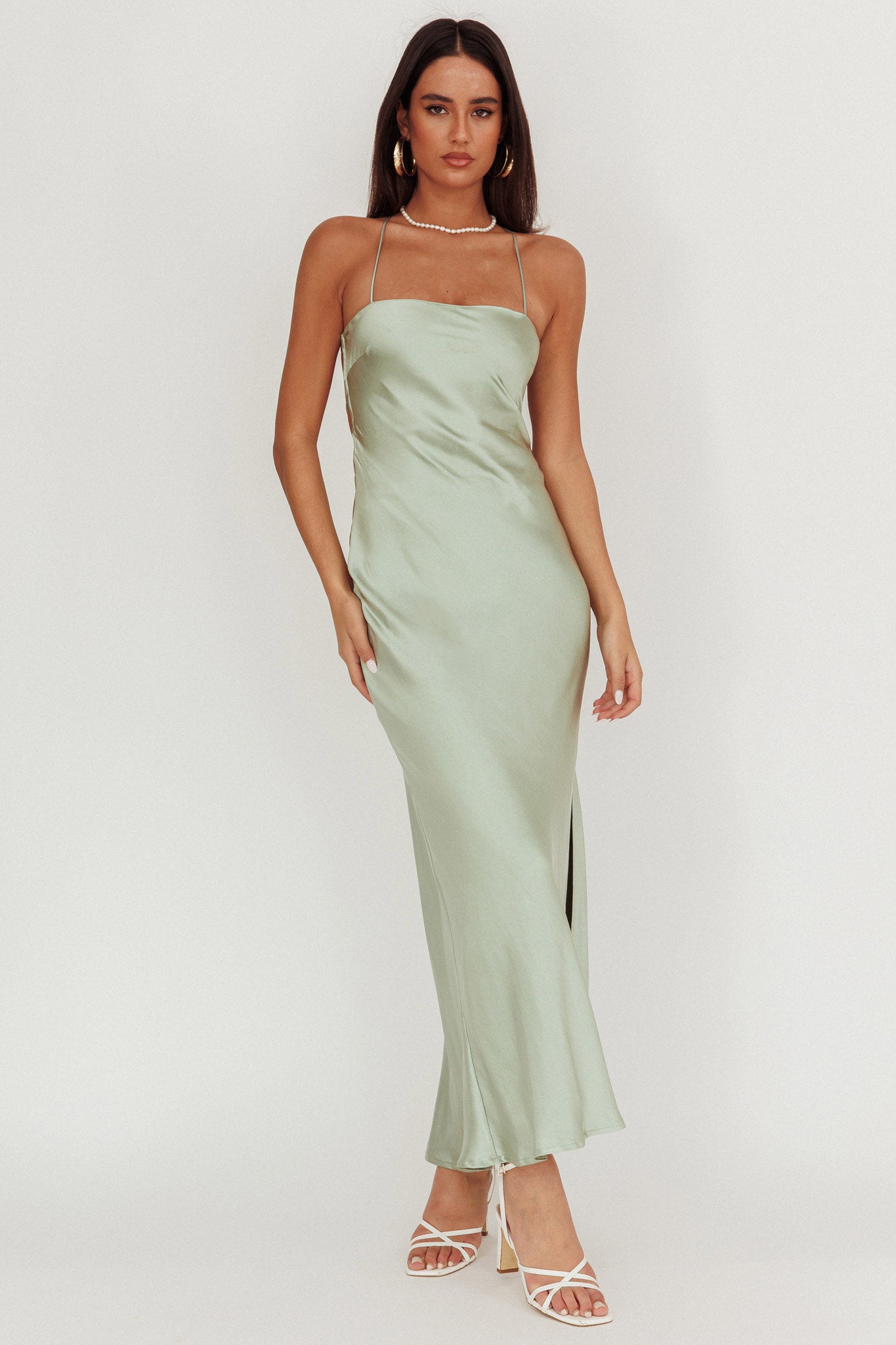 Dolce Life Backless Satin Maxi Dress Sage | Selfie Leslie Dolce Life Backless Satin Maxi Dress Sage | Selfie Leslie
