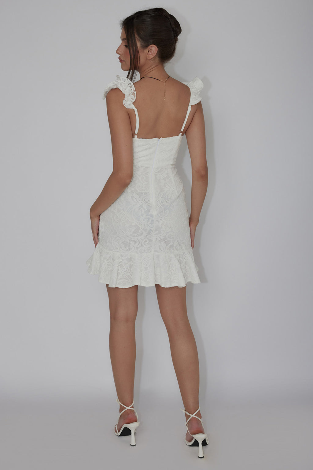 Kianna Ruffle Strap Lace Mini Dress White by Selfie Leslie