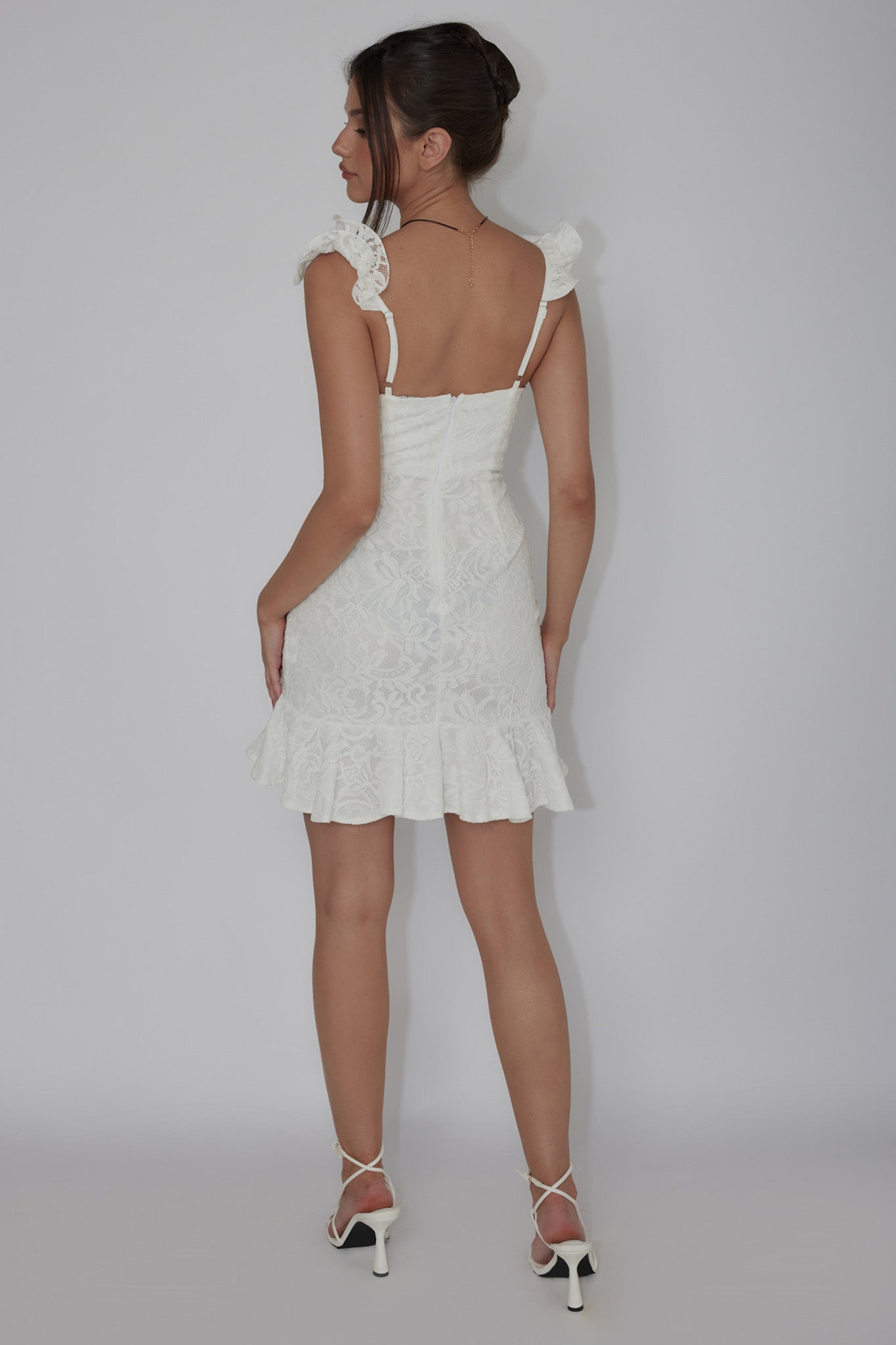 Kianna Ruffle Strap Lace Mini Dress White by Selfie Leslie