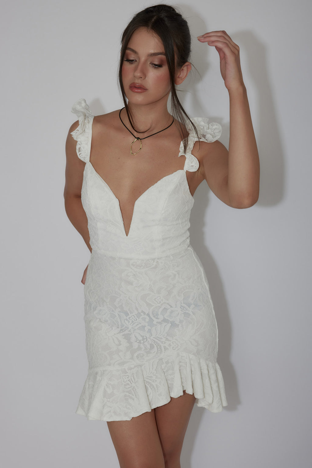 Kianna Ruffle Strap Lace Mini Dress White by Selfie Leslie