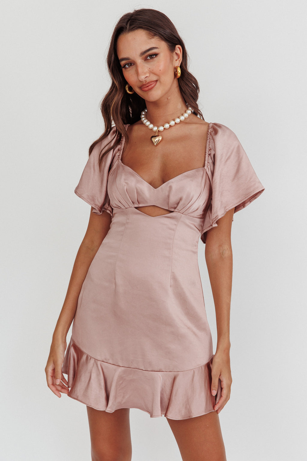 Eyes On You Pleated Bust Angel Sleeve Ruffle Hem Dress Blush by Selfie Leslie