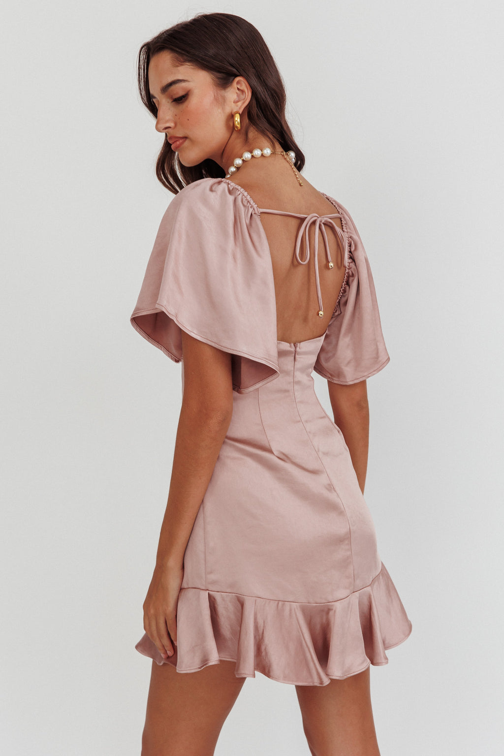Eyes On You Pleated Bust Angel Sleeve Ruffle Hem Dress Blush by Selfie Leslie