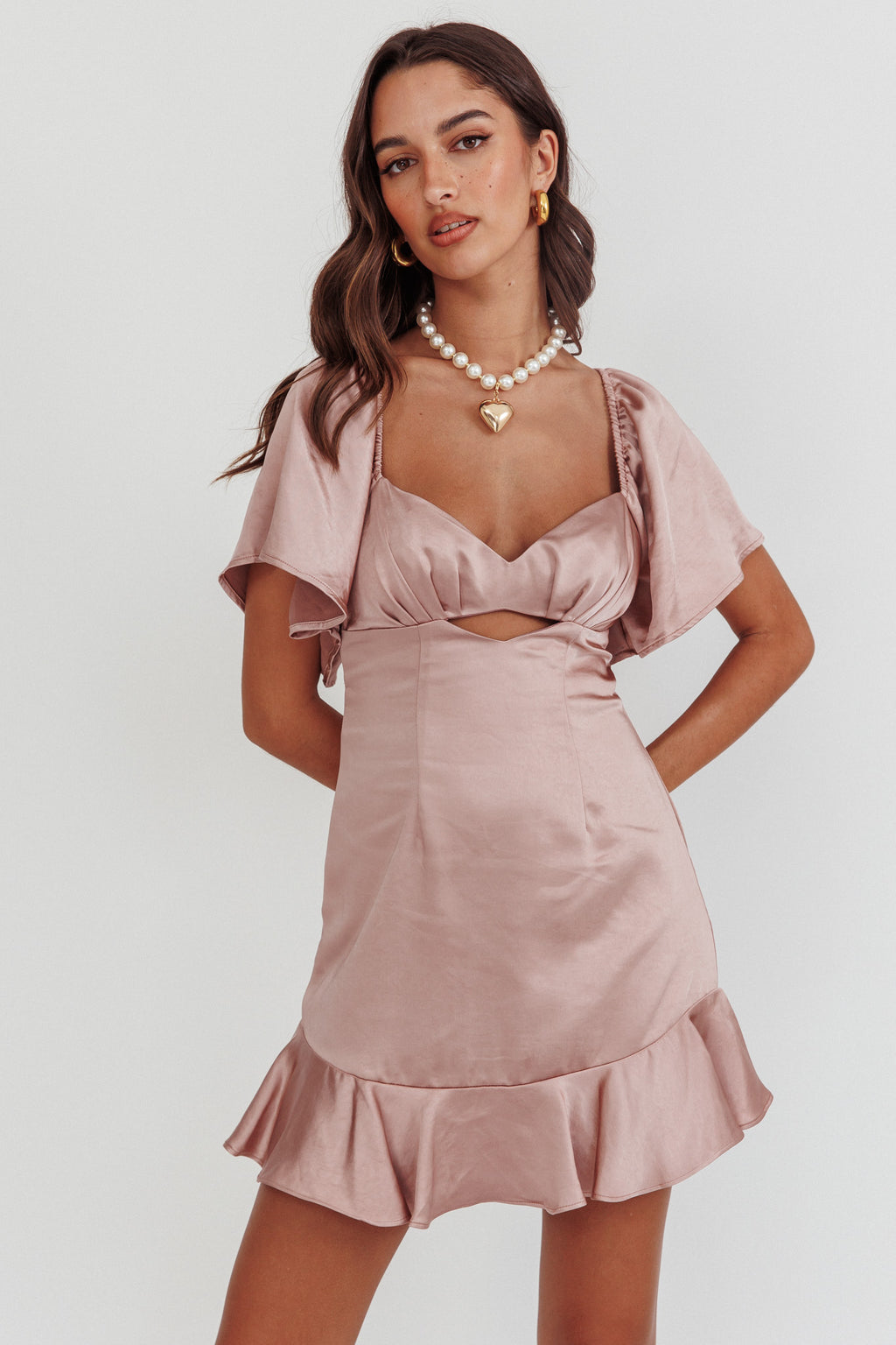 Eyes On You Pleated Bust Angel Sleeve Ruffle Hem Dress Blush by Selfie Leslie