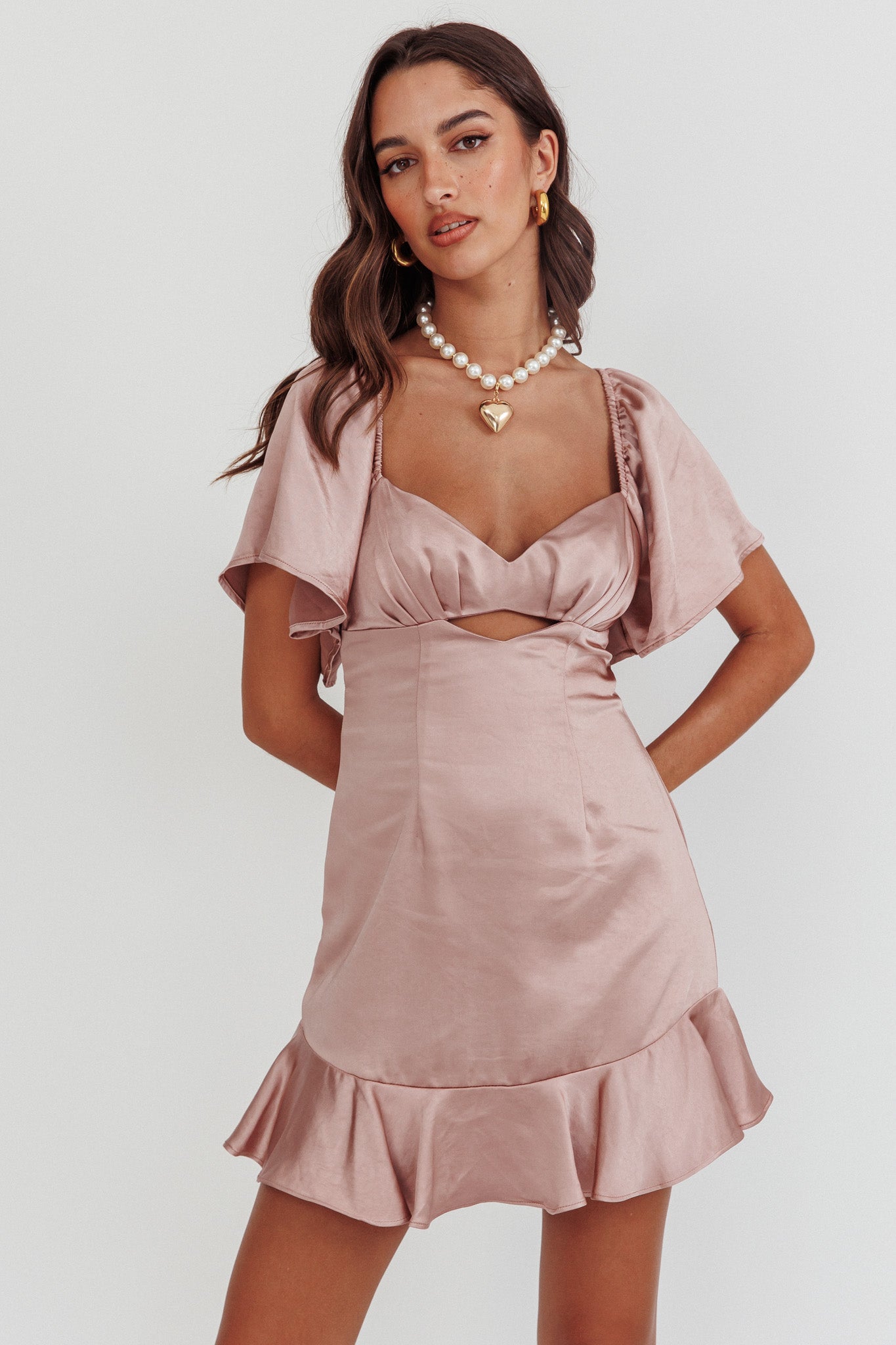 Eyes On You Pleated Bust Angel Sleeve Ruffle Hem Dress Blush by Selfie Leslie