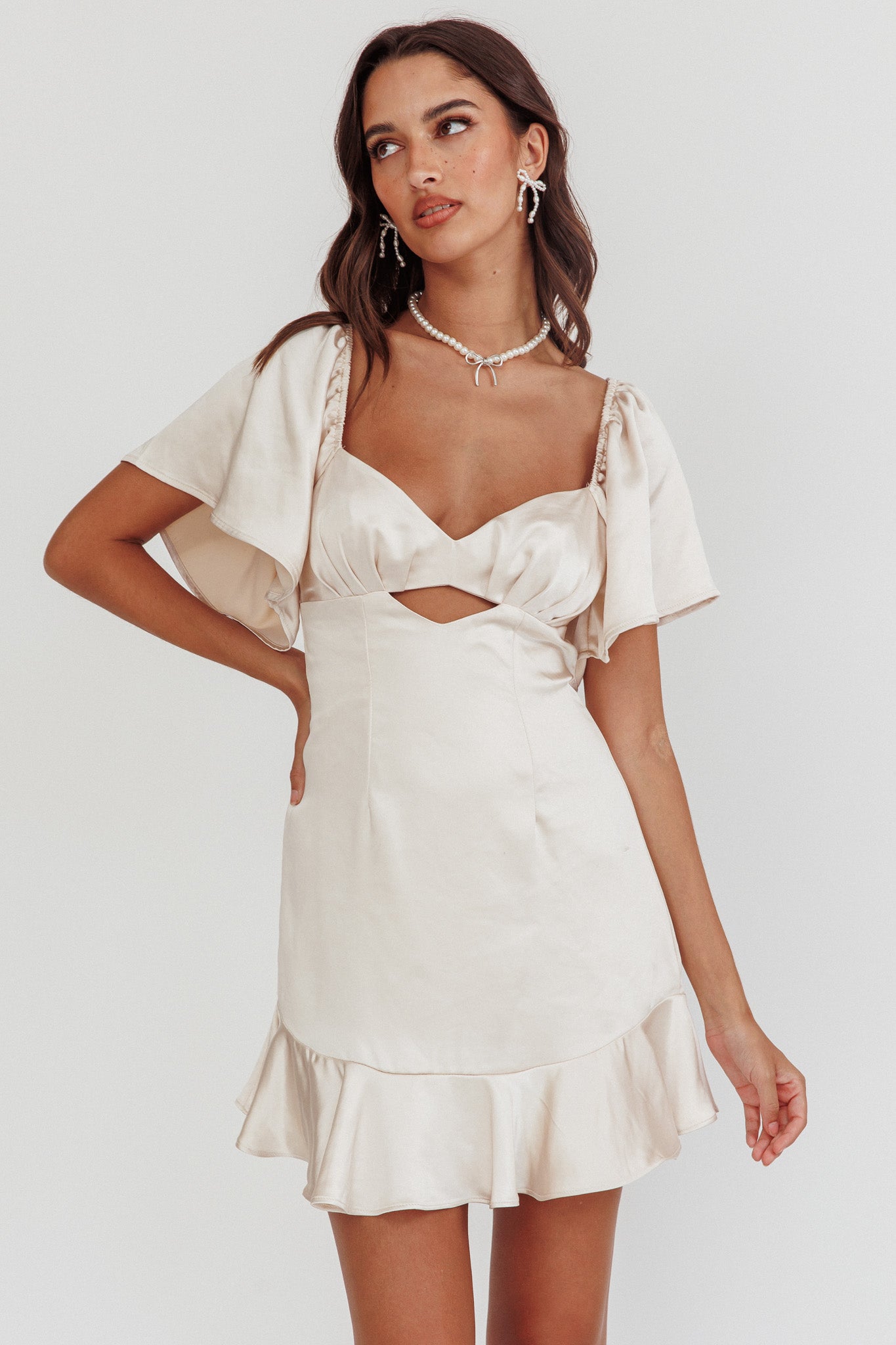 Eyes On You Pleated Bust Angel Sleeve Ruffle Hem Dress Champagne by Selfie Leslie