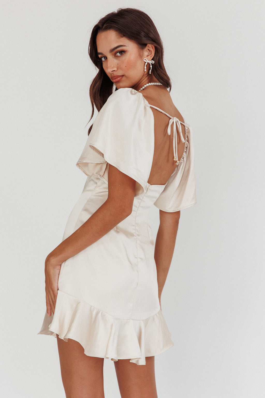 Eyes On You Pleated Bust Angel Sleeve Ruffle Hem Dress Champagne by Selfie Leslie