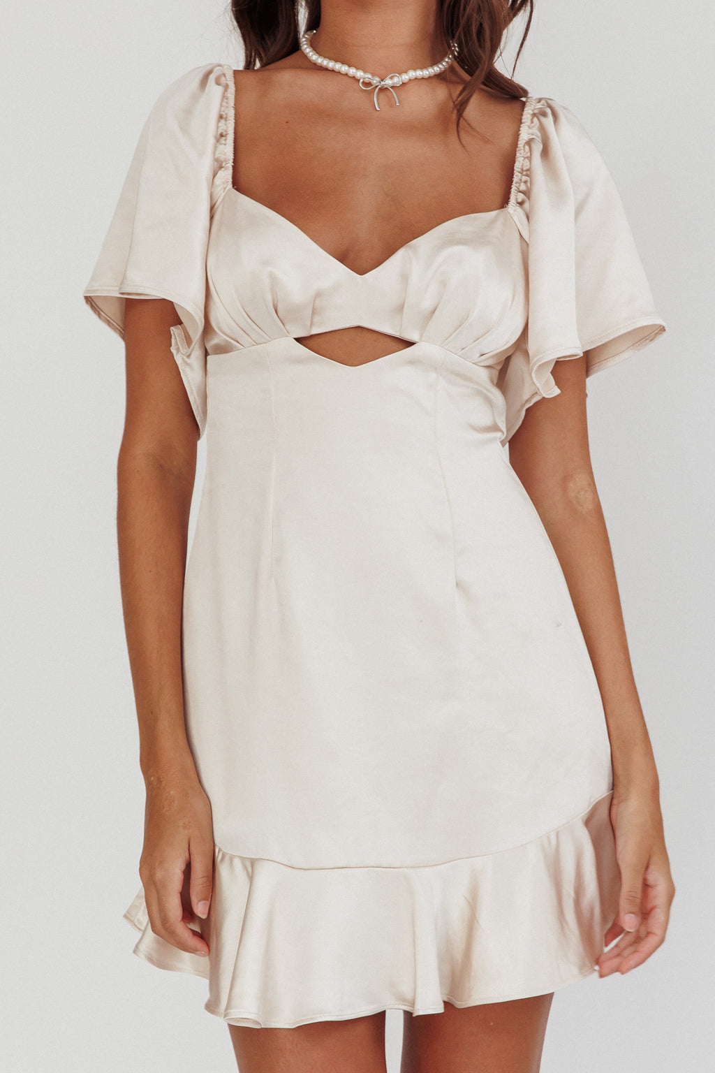 Eyes On You Pleated Bust Angel Sleeve Ruffle Hem Dress Champagne by Selfie Leslie