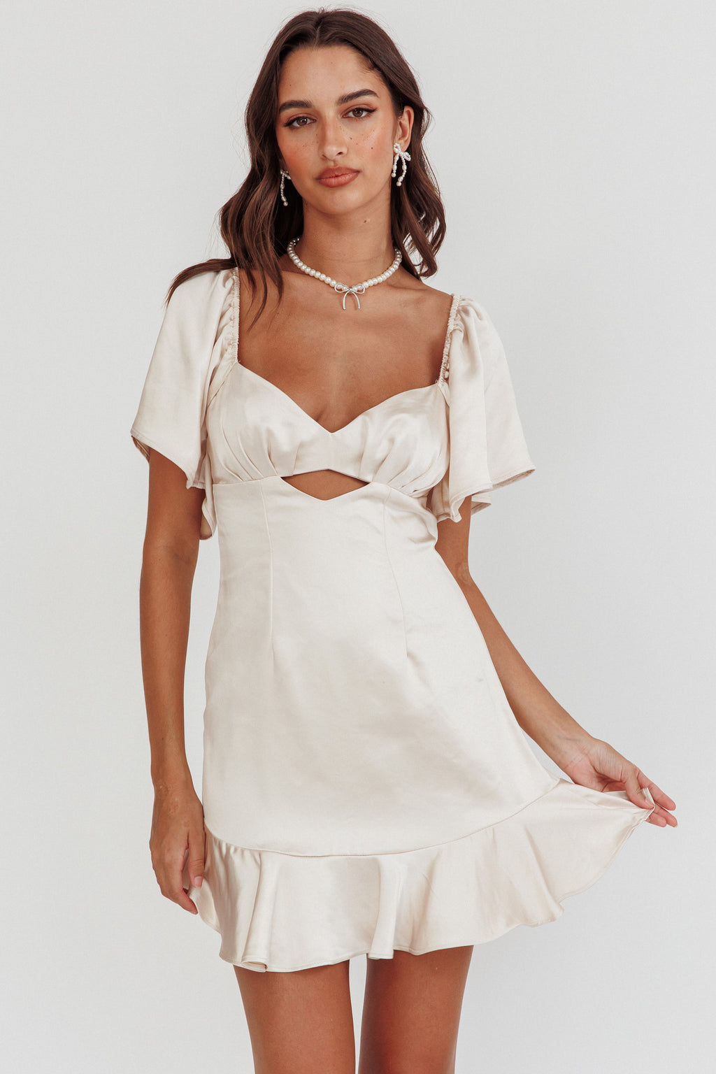 Eyes On You Pleated Bust Angel Sleeve Ruffle Hem Dress Champagne by Selfie Leslie